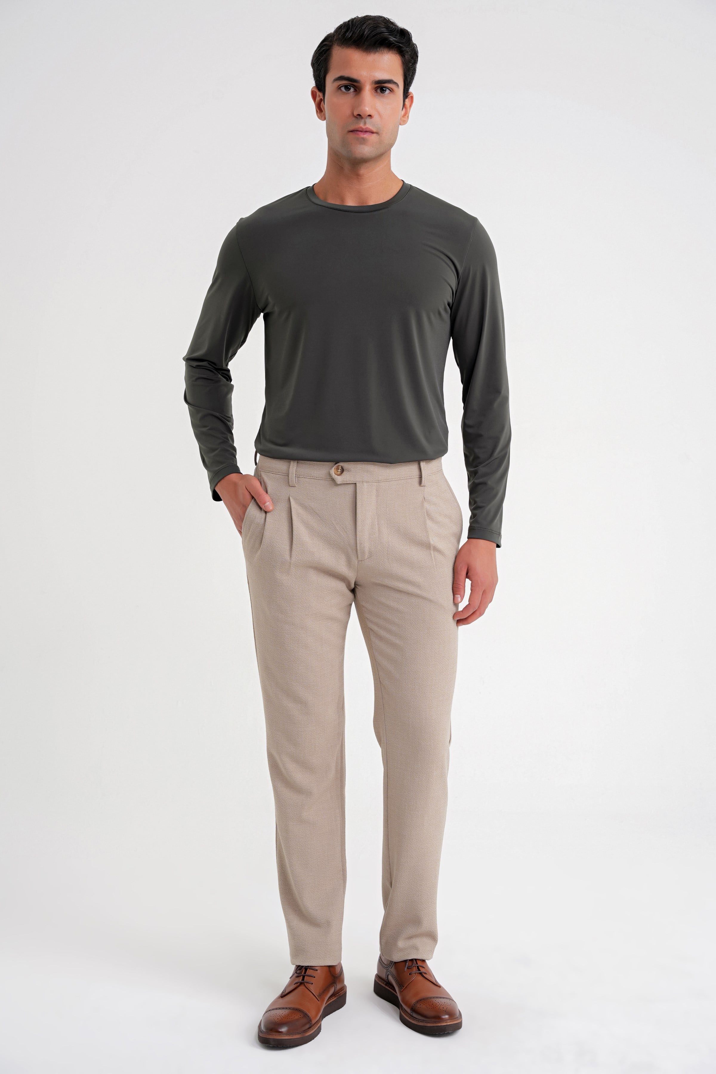 Comfort Fit Gofre Dokulu Beli Lastikli Pileli Bej-1 Jogger Pantolon P 1174
