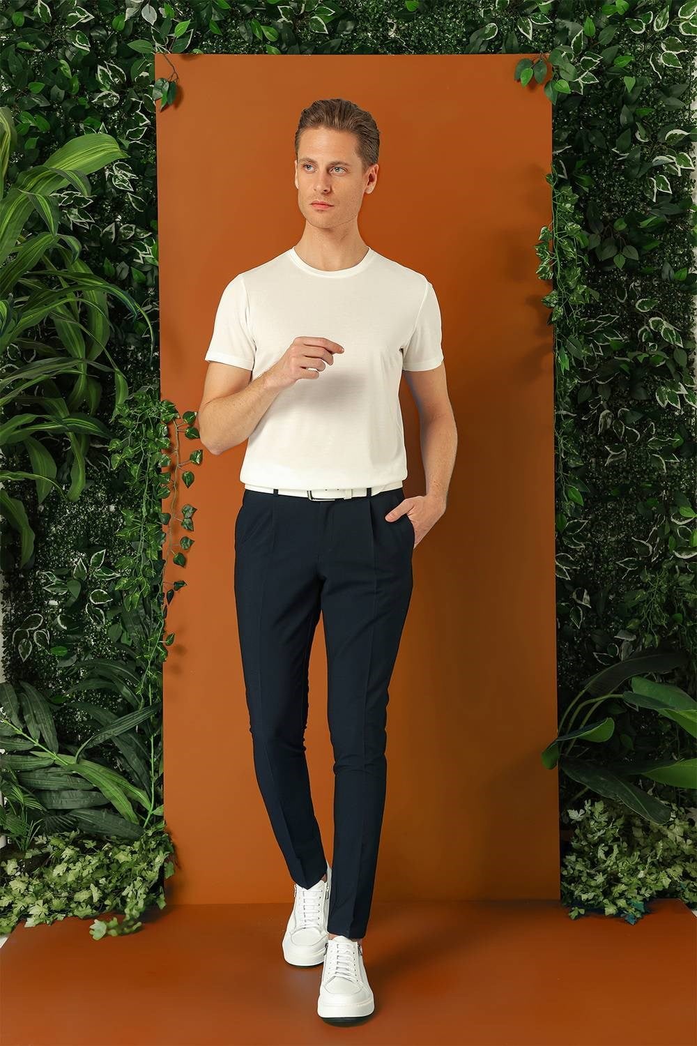 Comfort Fit Gofre Kumaş Pileli Pamuk Casual Lacivert Pantolon P 1148