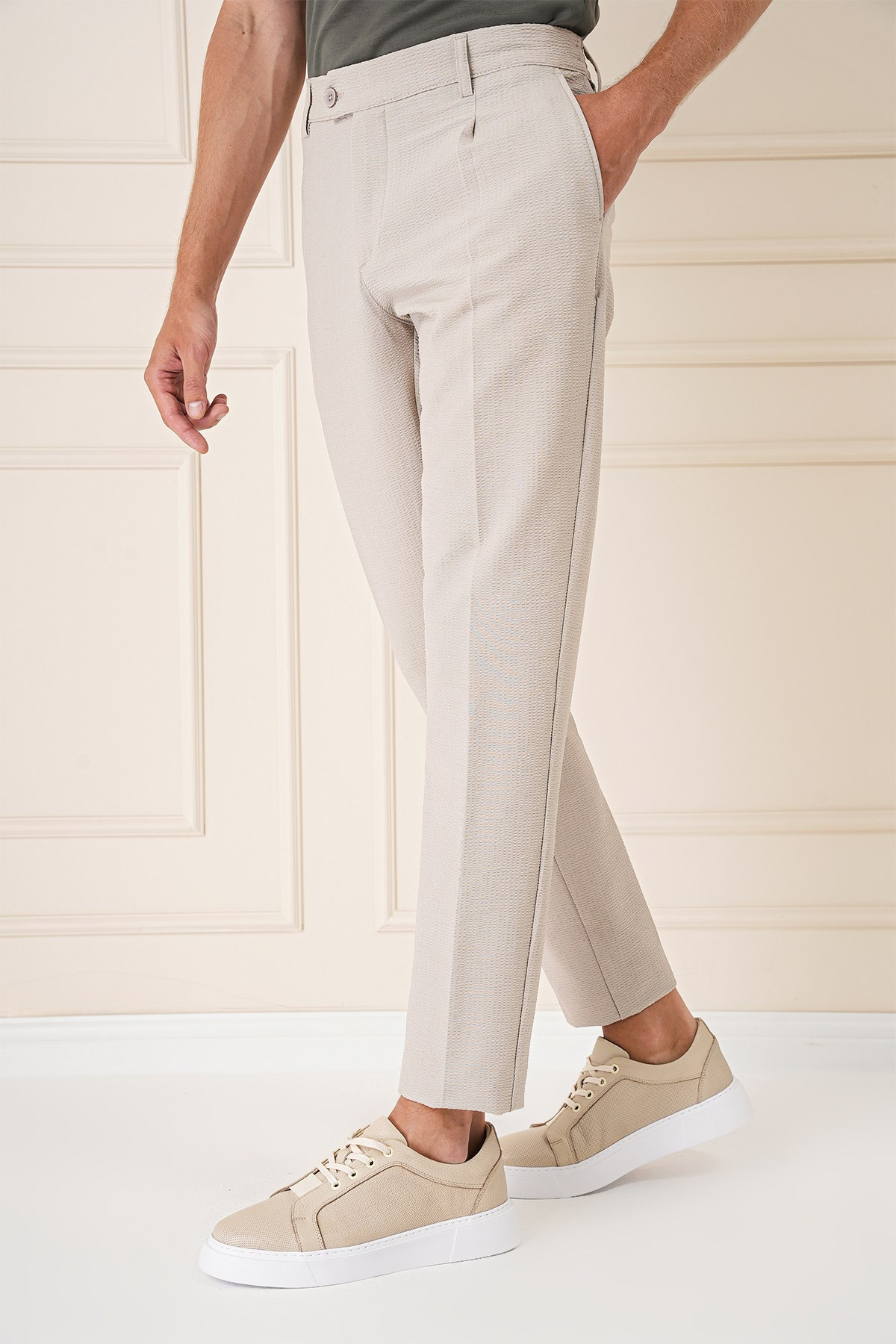 Comfort Fit Gofre Kumaş Pileli Pamuk Casual Bej Pantolon P 1148