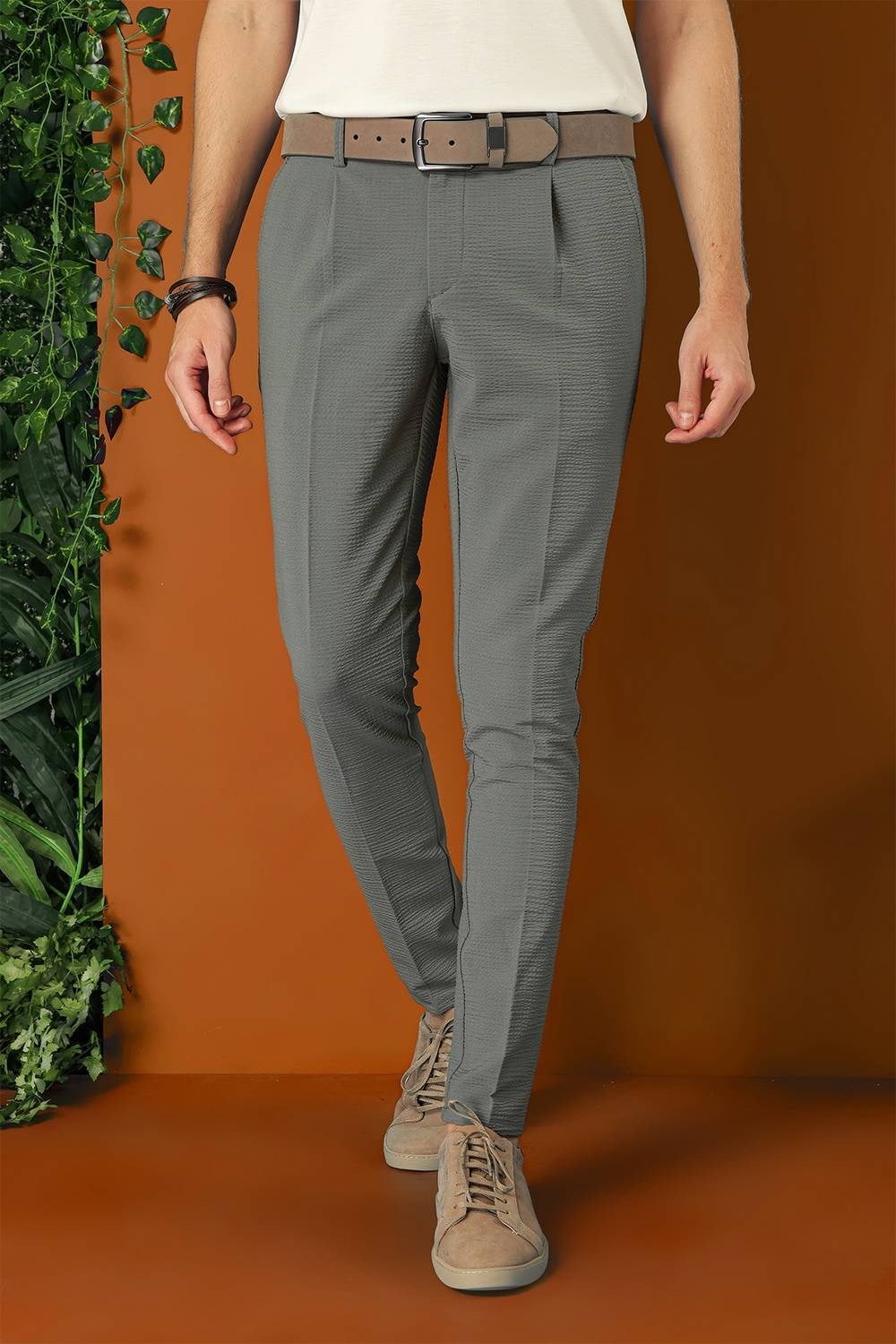 Comfort Fit Gofre Kumaş Pileli Pamuk Casual Nefti Pantolon P 1148