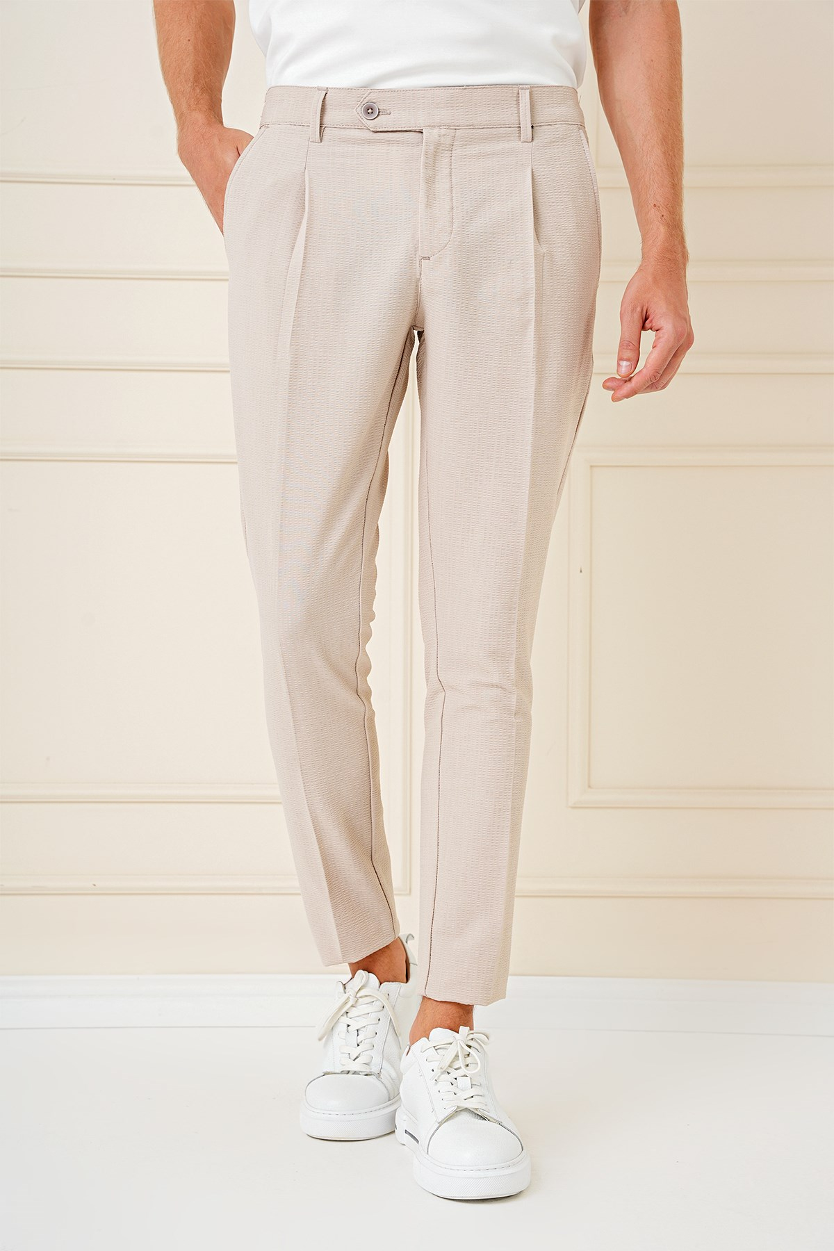 Comfort Fit Gofre Kumaş Pileli Pamuk Casual Koyu Bej Pantolon P 1148