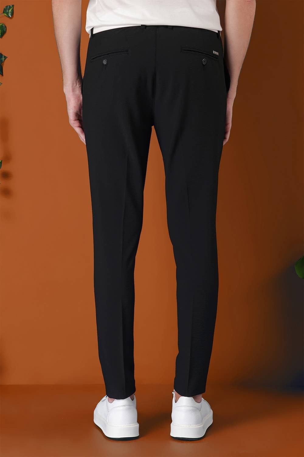 Comfort Fit Gofre Kumaş Pileli Pamuk Casual Siyah Pantolon P 1148