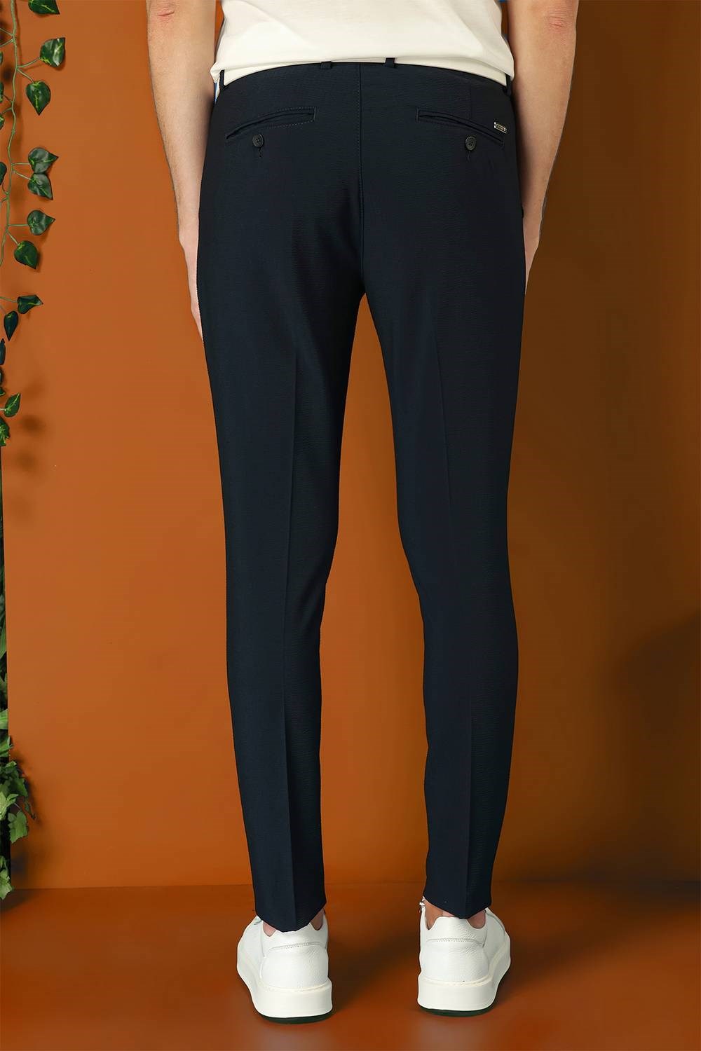 Comfort Fit Gofre Kumaş Pileli Pamuk Casual Lacivert Pantolon P 1148