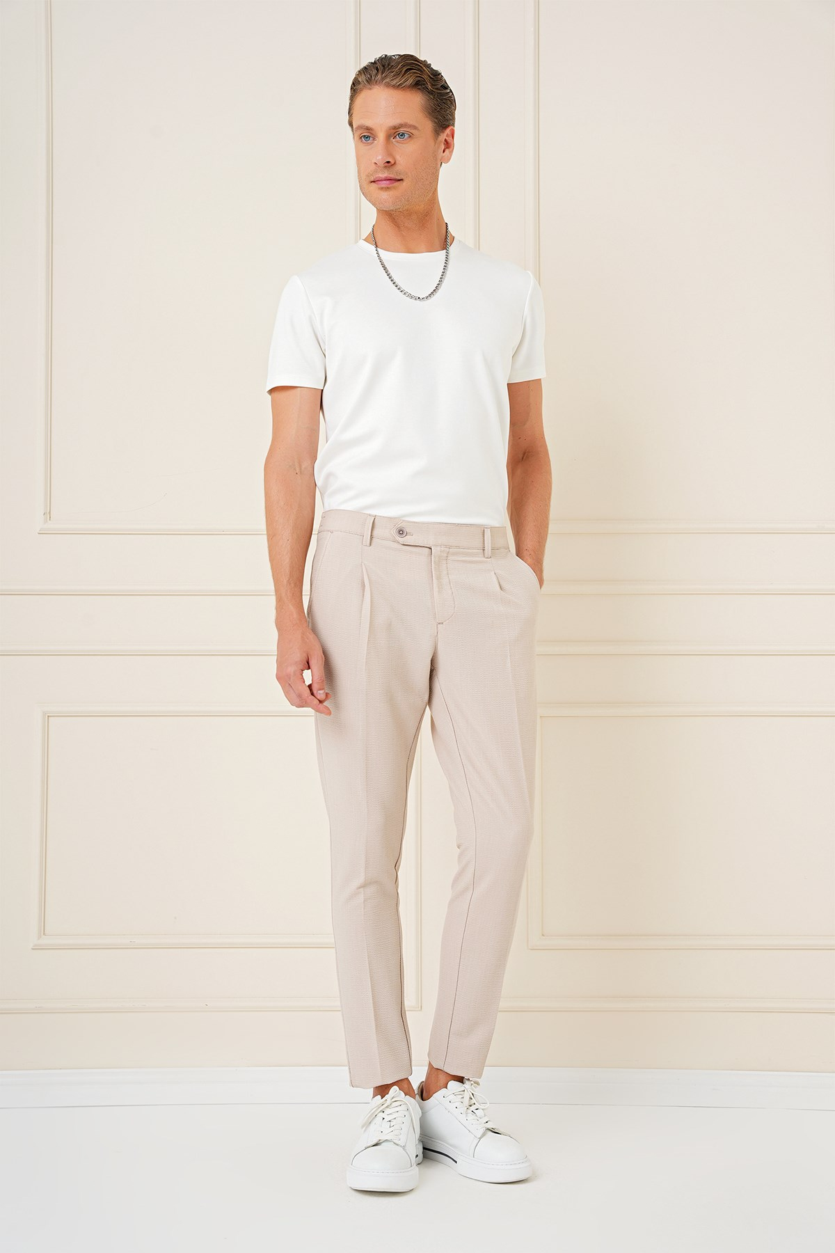 Comfort Fit Gofre Kumaş Pileli Pamuk Casual Koyu Bej Pantolon P 1148
