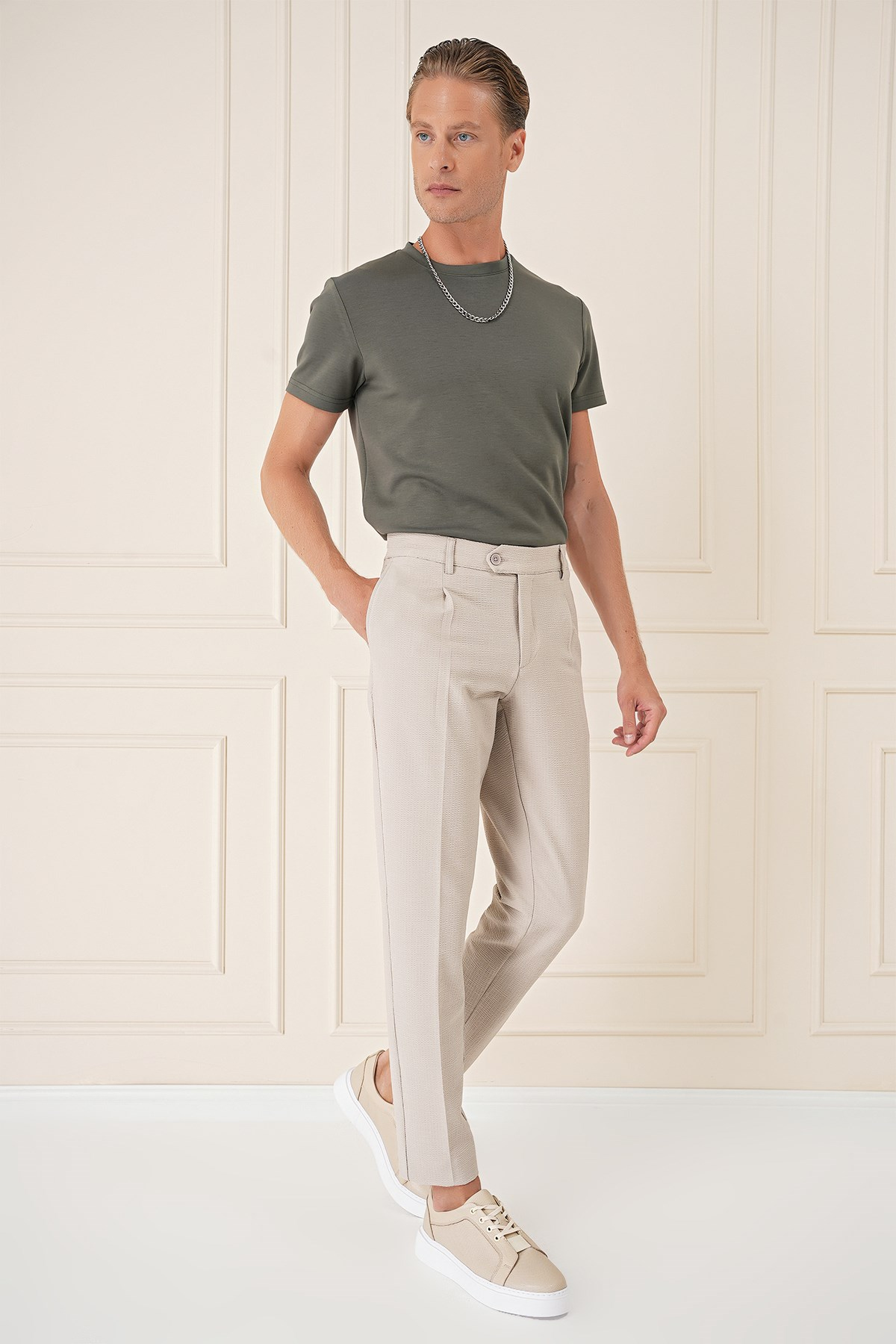 Comfort Fit Gofre Kumaş Pileli Pamuk Casual Bej Pantolon P 1148