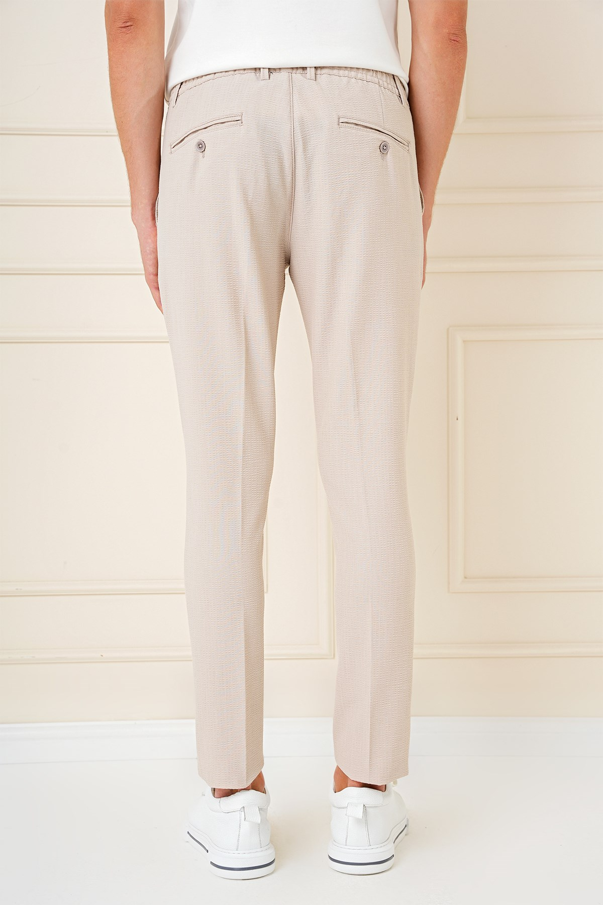 Comfort Fit Gofre Kumaş Pileli Pamuk Casual Koyu Bej Pantolon P 1148