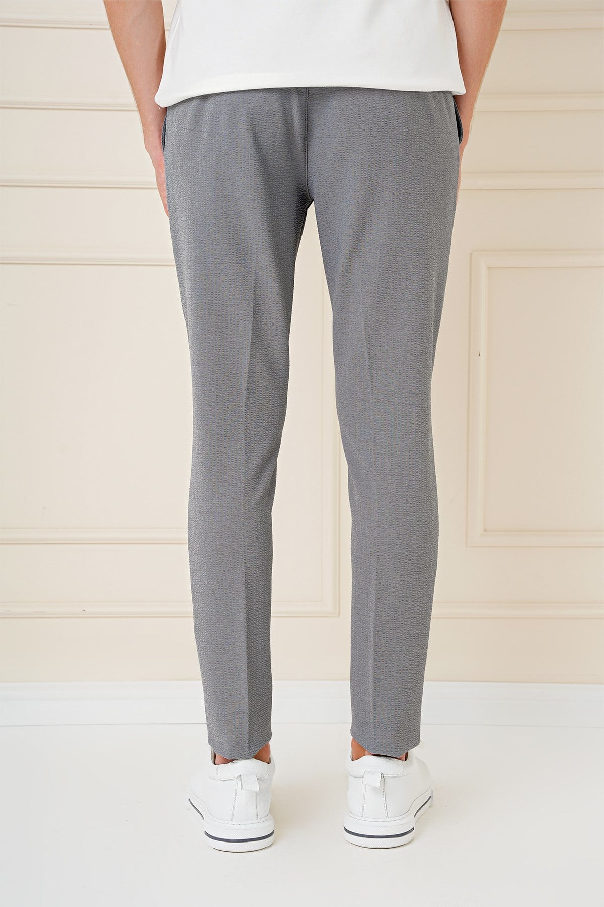 Comfort Fit Gofre Kumaş Pileli Pamuk Casual Gri Pantolon P 1148