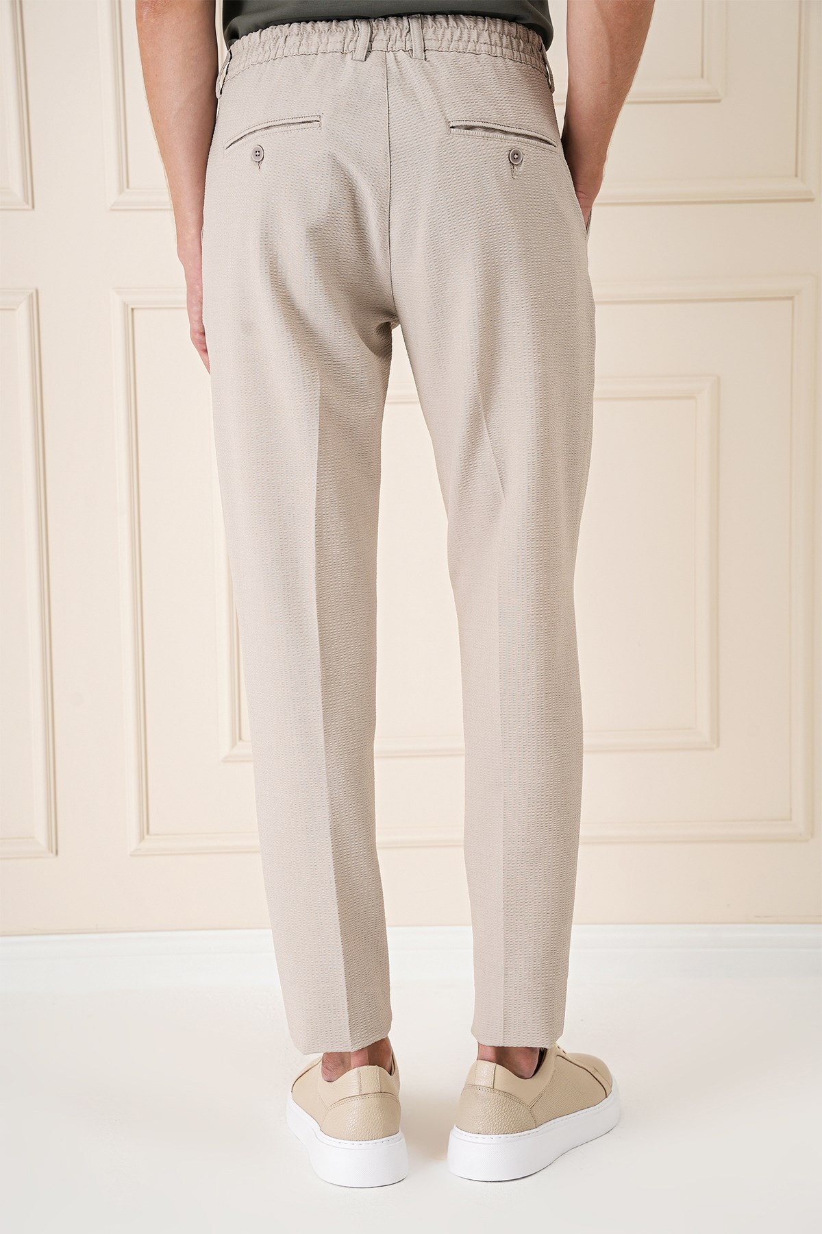 Comfort Fit Gofre Kumaş Pileli Pamuk Casual Bej Pantolon P 1148