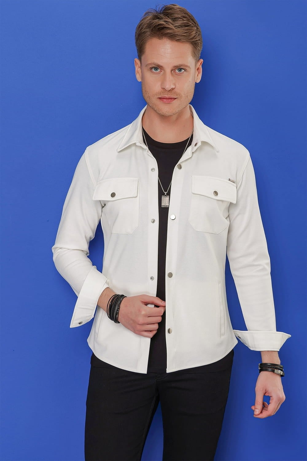 Comfort Fit Kapaklı Cep Çıtçıtlı Esnek Pamuk Beyaz Gömlek Ceket G 1550
