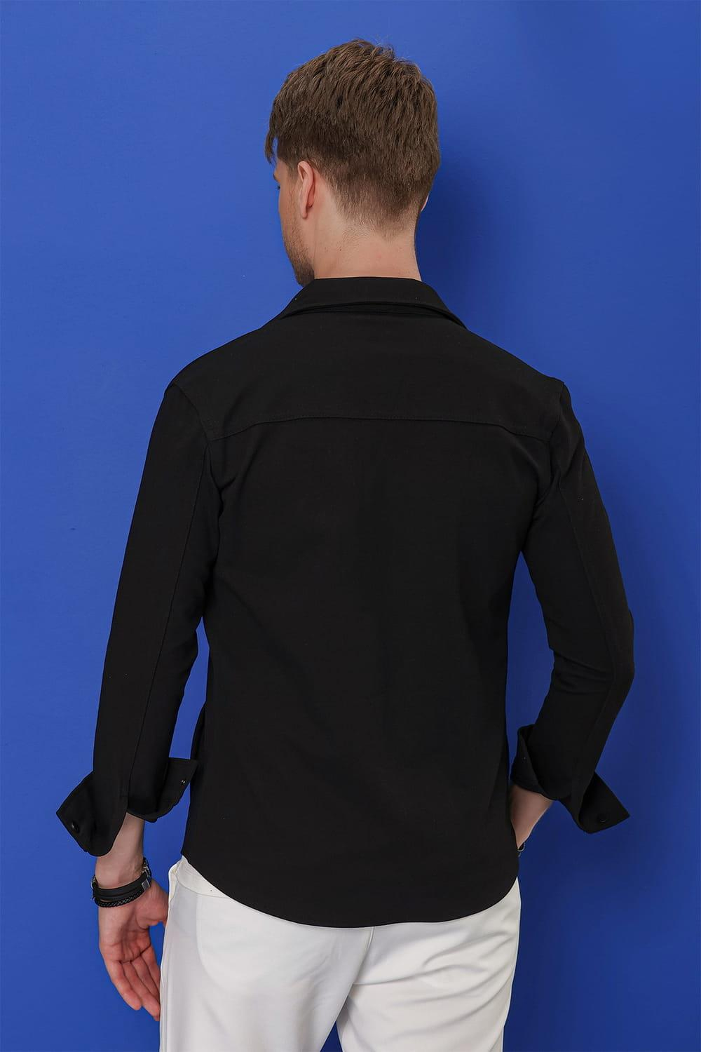 Comfort Fit Kapaklı Cep Çıtçıtlı Esnek Pamuk Siyah Gömlek Ceket G 1550