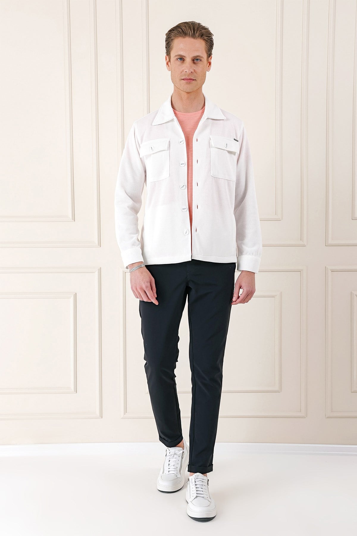 Comfort Fit Kapaklı Cep Fitilli Dokuma Esnek Pamuk Ekru Gömlek Ceket G 1561