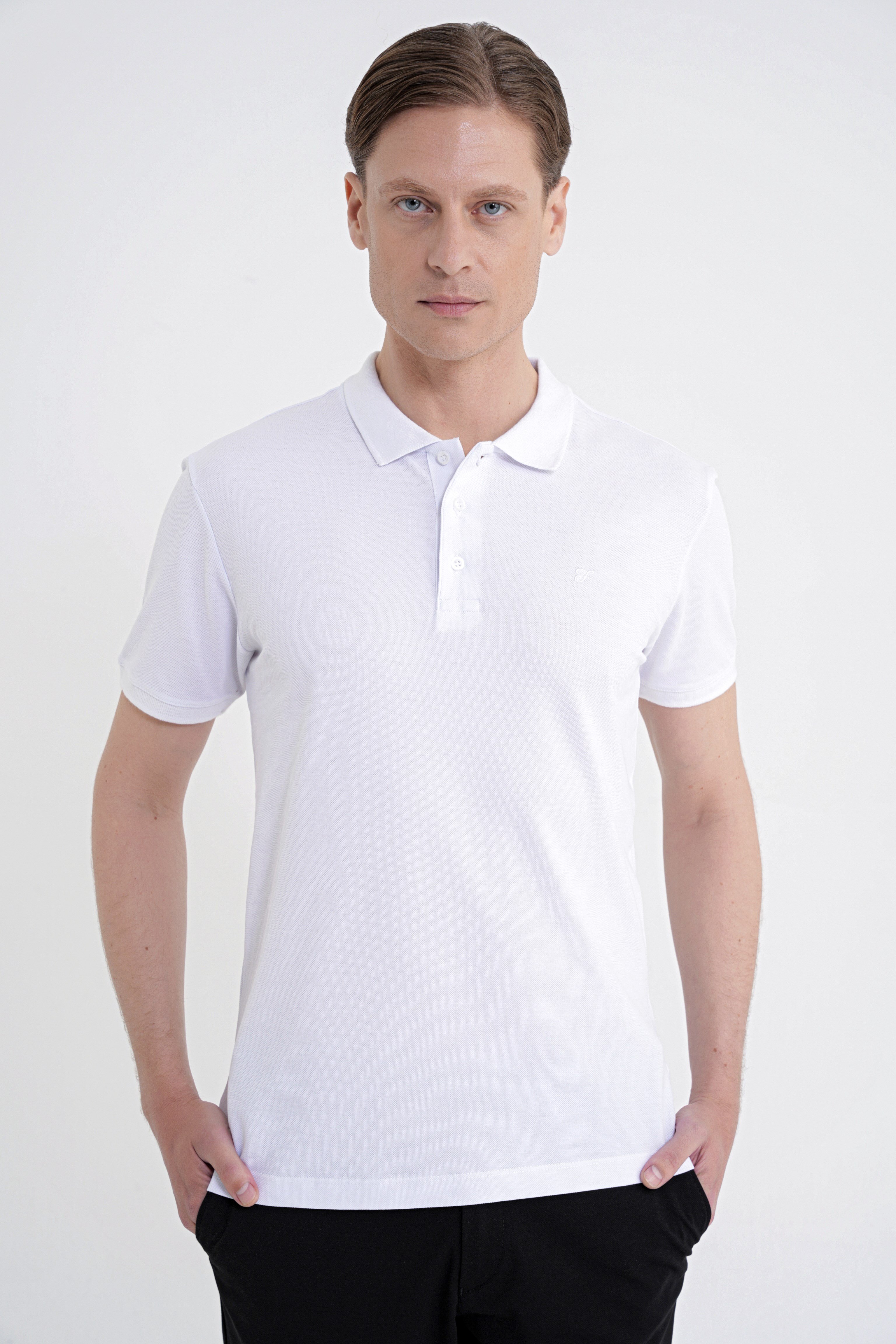 Comfort Fit Kolu Ribanalı %100 Pamuk Düğmeli Beyaz Polo Yaka Tişört TS 922