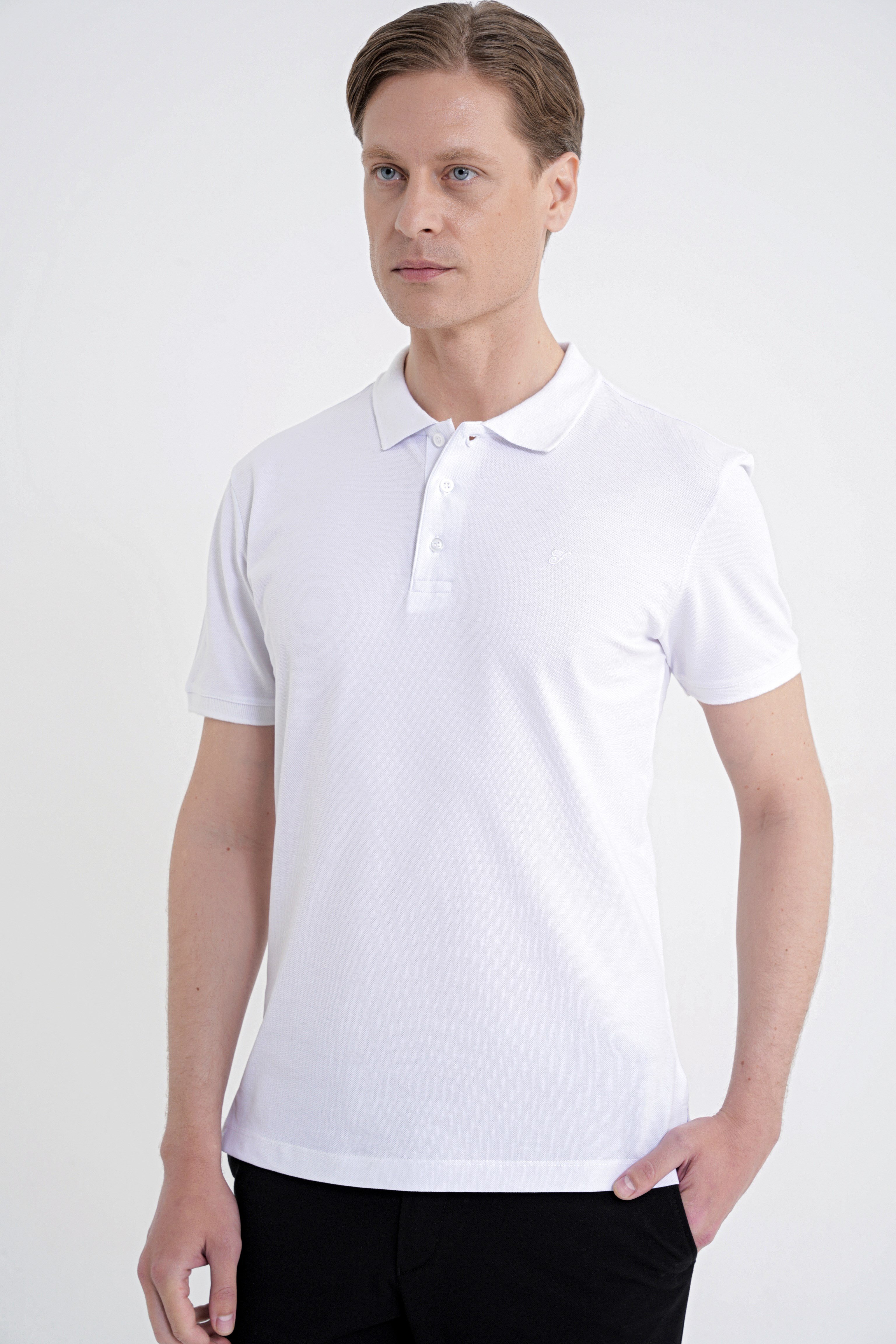 Comfort Fit Kolu Ribanalı %100 Pamuk Düğmeli Beyaz Polo Yaka Tişört TS 922
