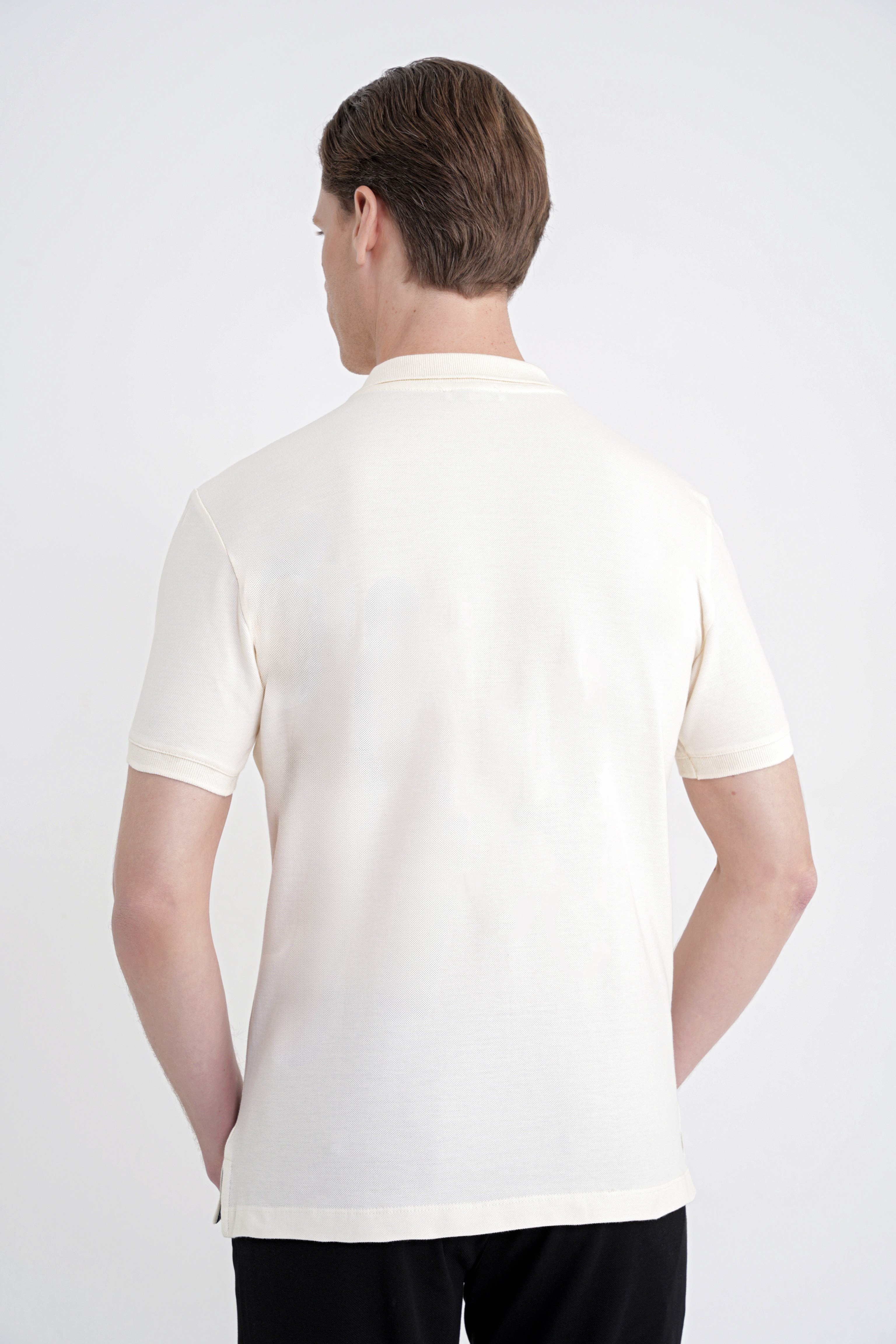 Comfort Fit Kolu Ribanalı %100 Pamuk Düğmeli Ekru Polo Yaka Tişört TS 922