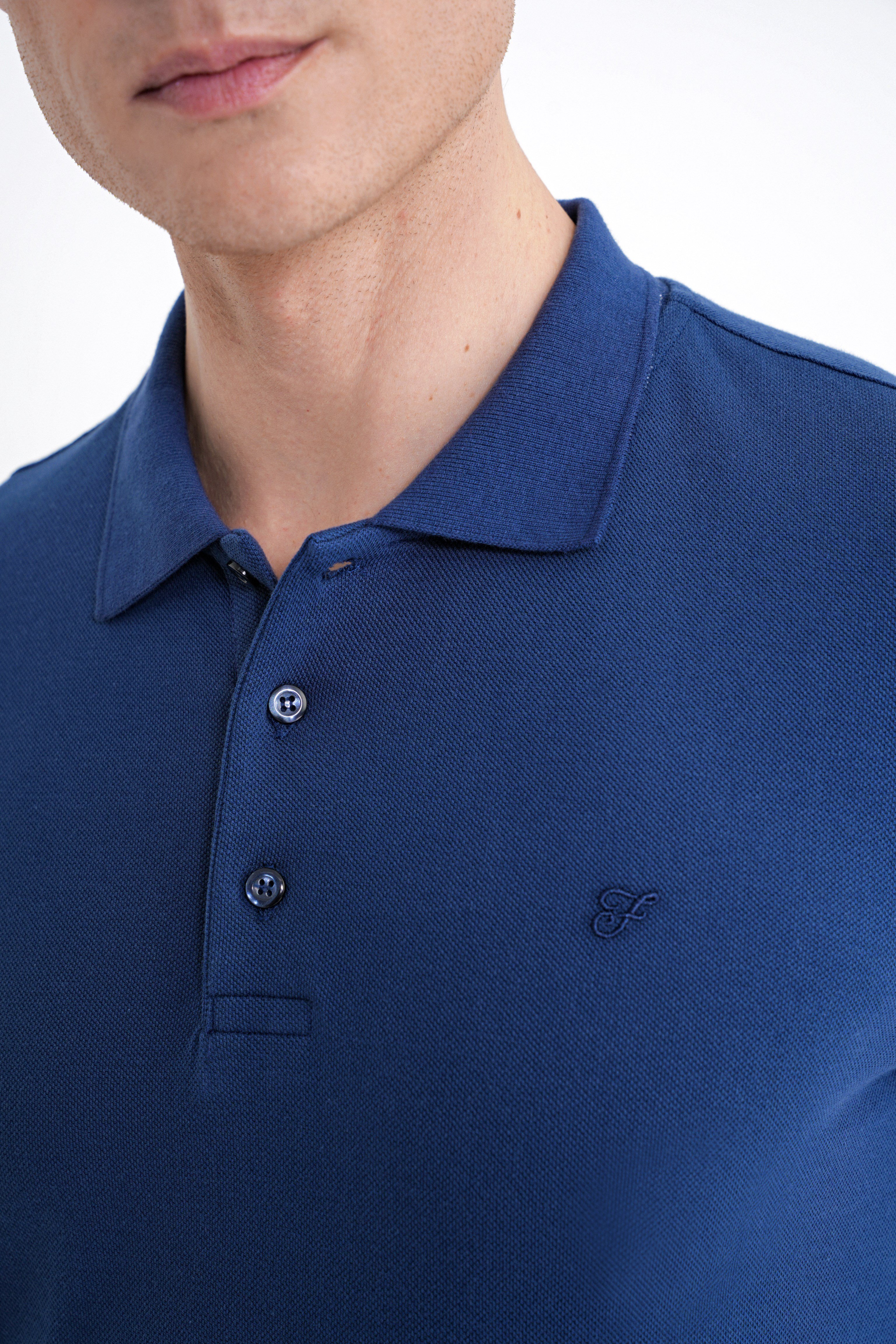 Comfort Fit Kolu Ribanalı %100 Pamuk Düğmeli Lacivert Polo Yaka Tişört TS 922