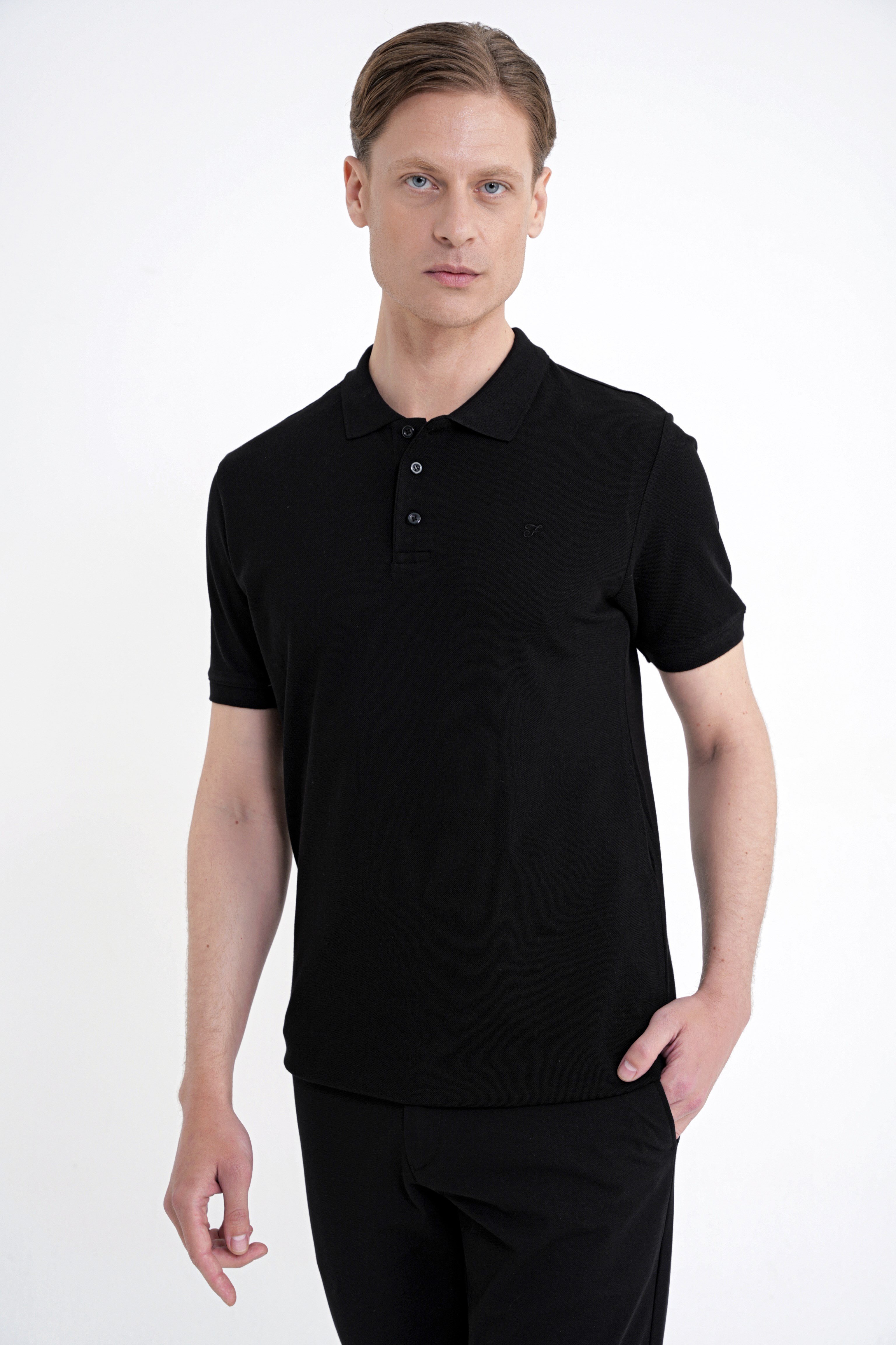 Comfort Fit Kolu Ribanalı %100 Pamuk Düğmeli Siyah Polo Yaka Tişört TS 922