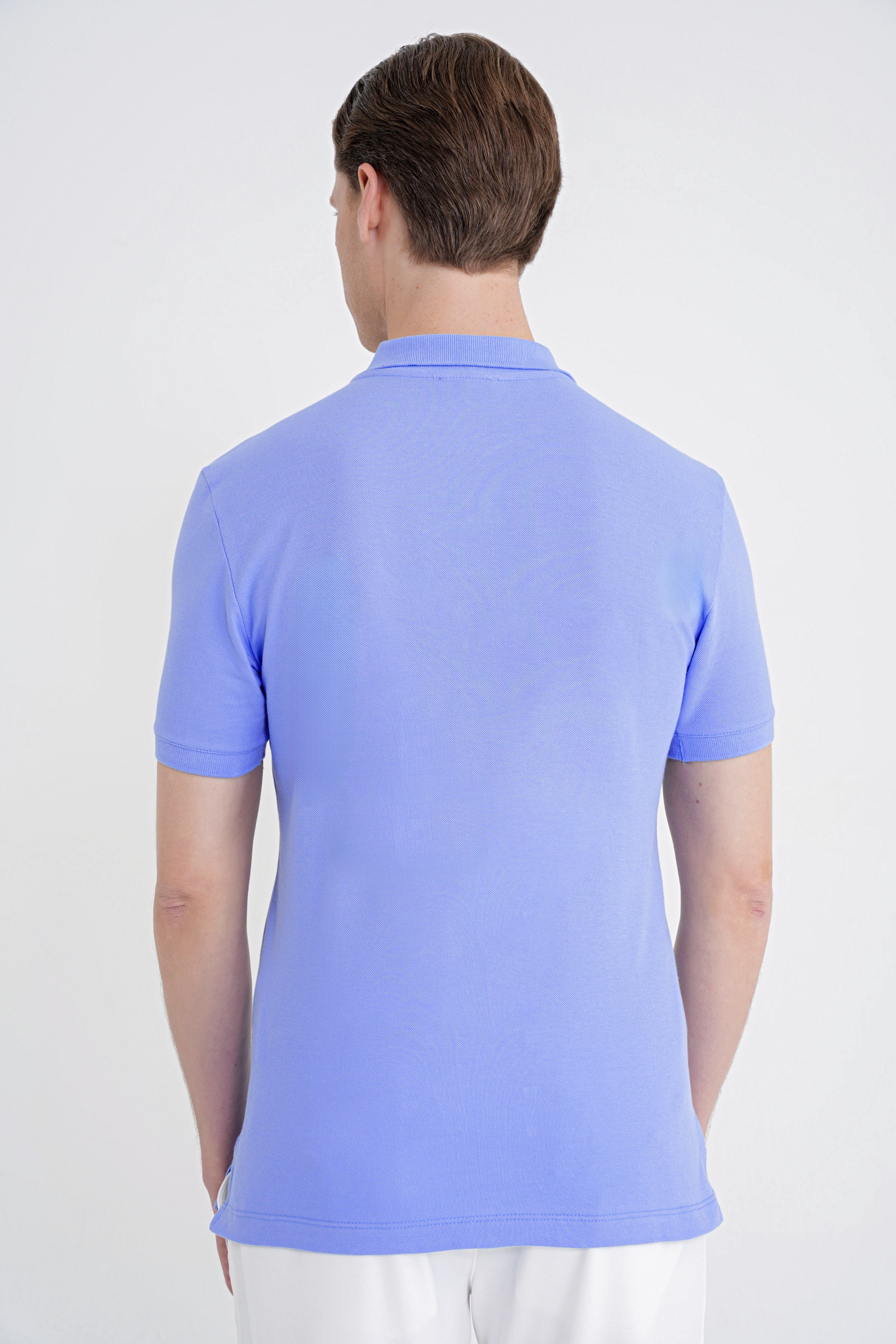 Comfort Fit Kolu Ribanalı %100 Pamuk Düğmeli Mavi Polo Yaka Tişört TS 922