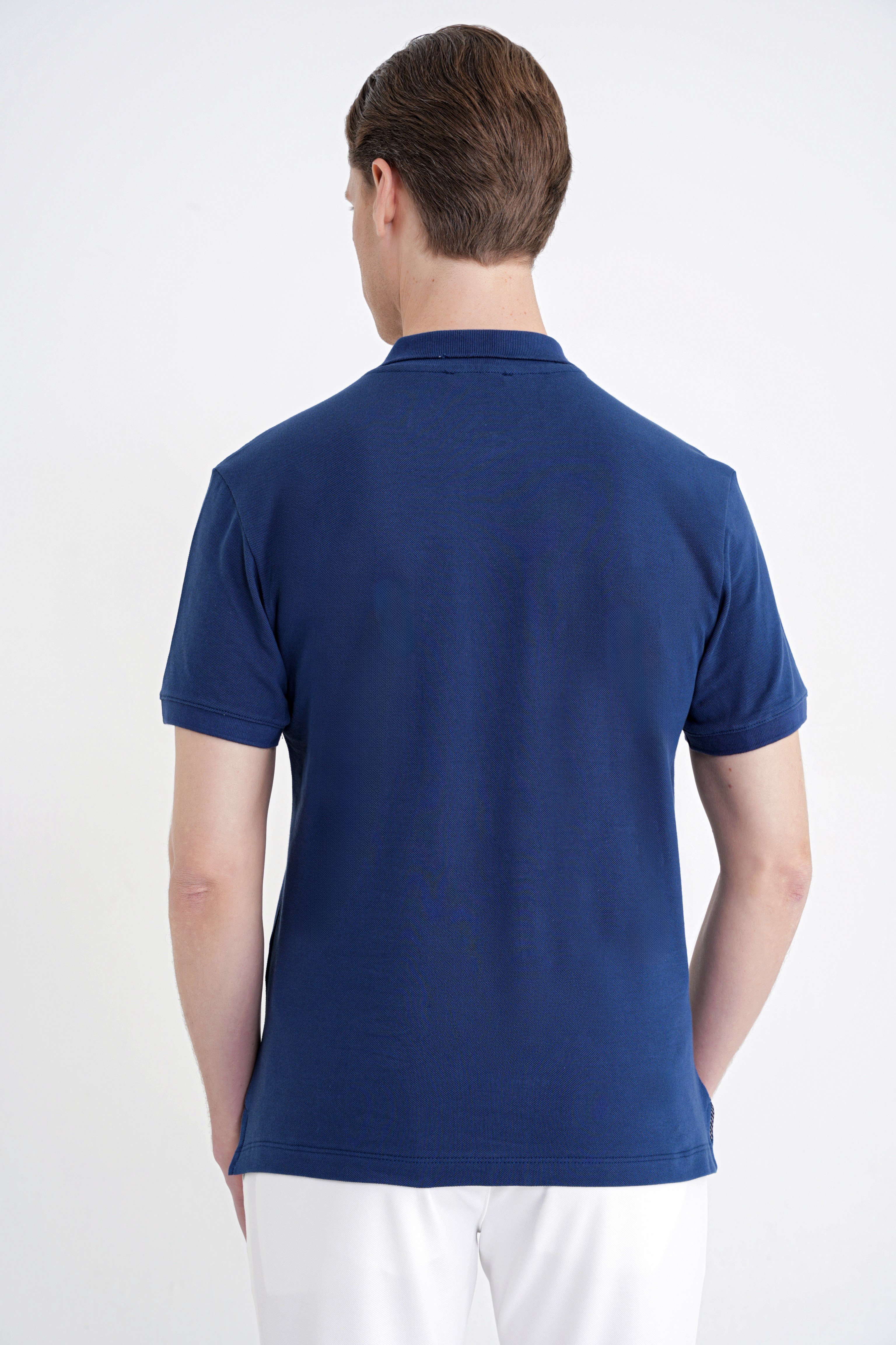 Comfort Fit Kolu Ribanalı %100 Pamuk Düğmeli Lacivert Polo Yaka Tişört TS 922