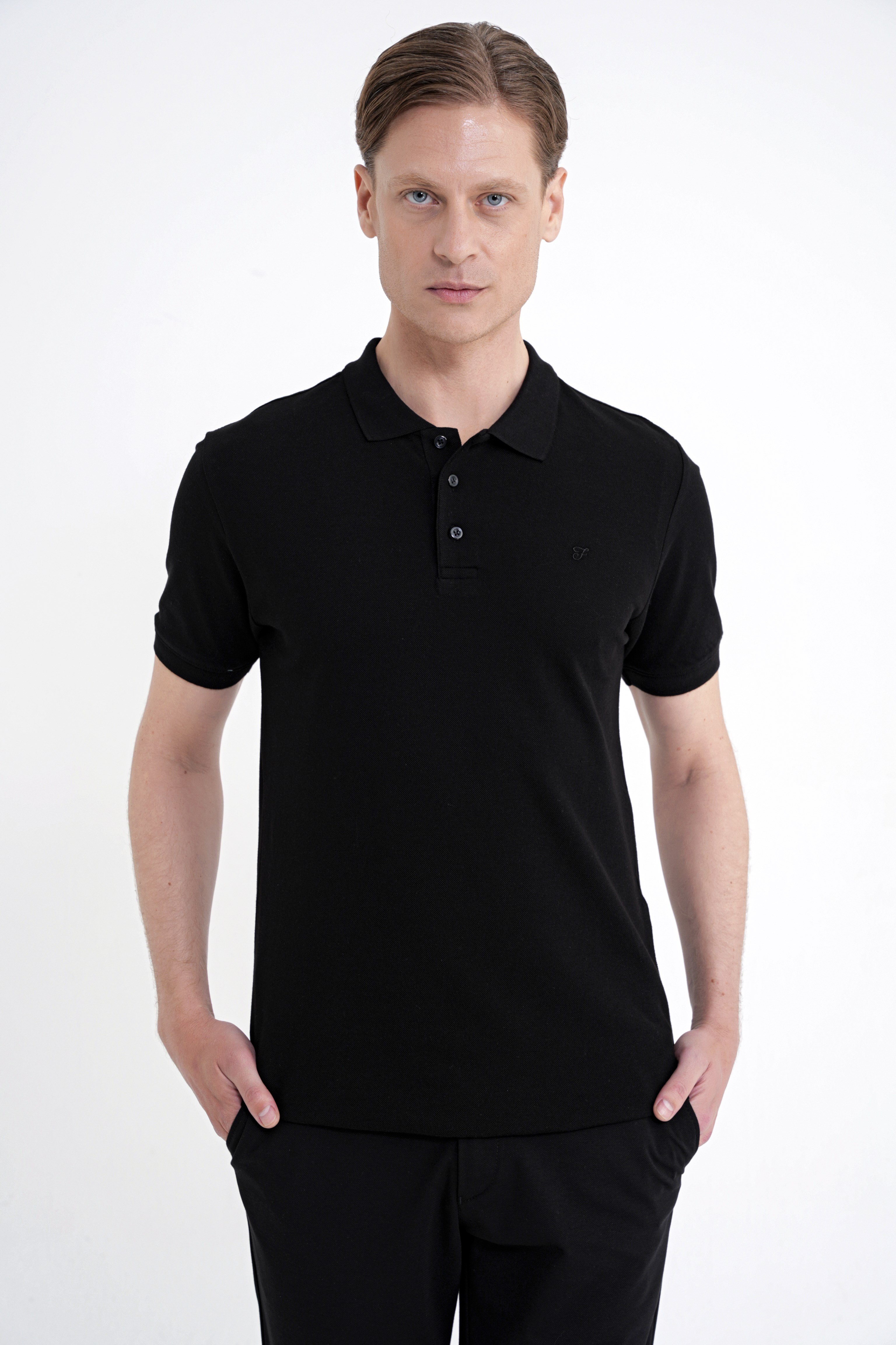 Comfort Fit Kolu Ribanalı %100 Pamuk Düğmeli Siyah Polo Yaka Tişört TS 922