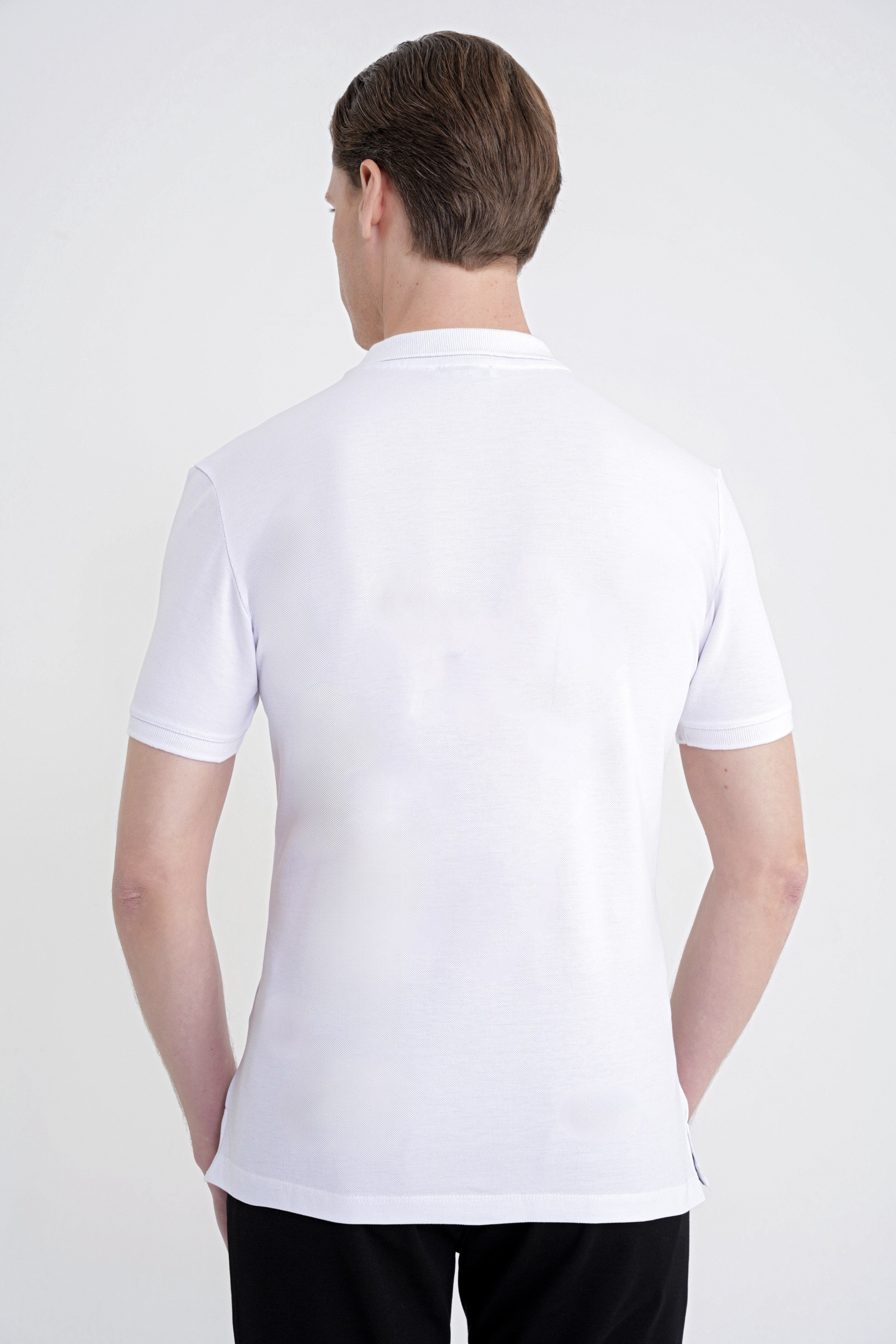 Comfort Fit Kolu Ribanalı %100 Pamuk Düğmeli Beyaz Polo Yaka Tişört TS 922
