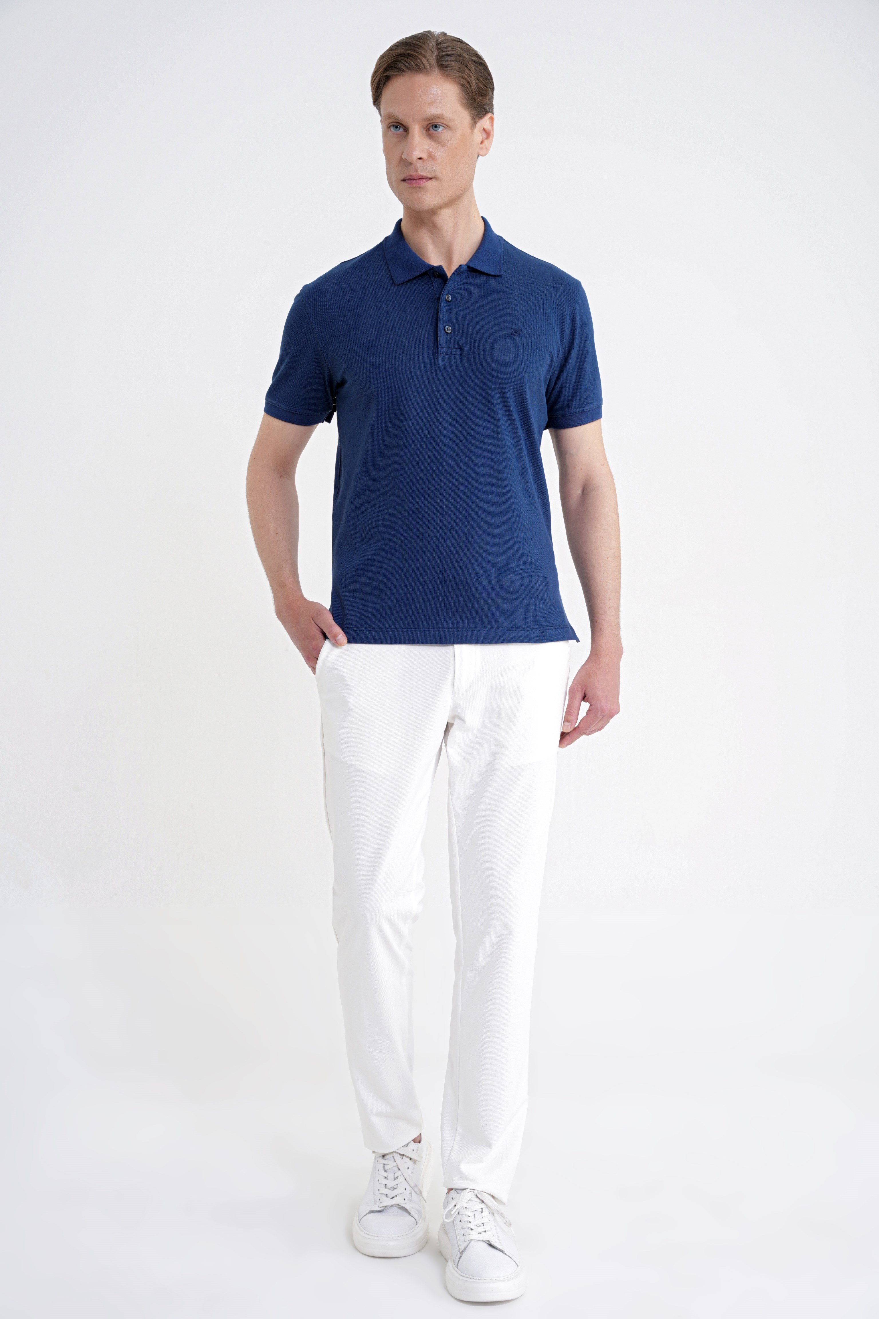 Comfort Fit Kolu Ribanalı %100 Pamuk Düğmeli Lacivert Polo Yaka Tişört TS 922