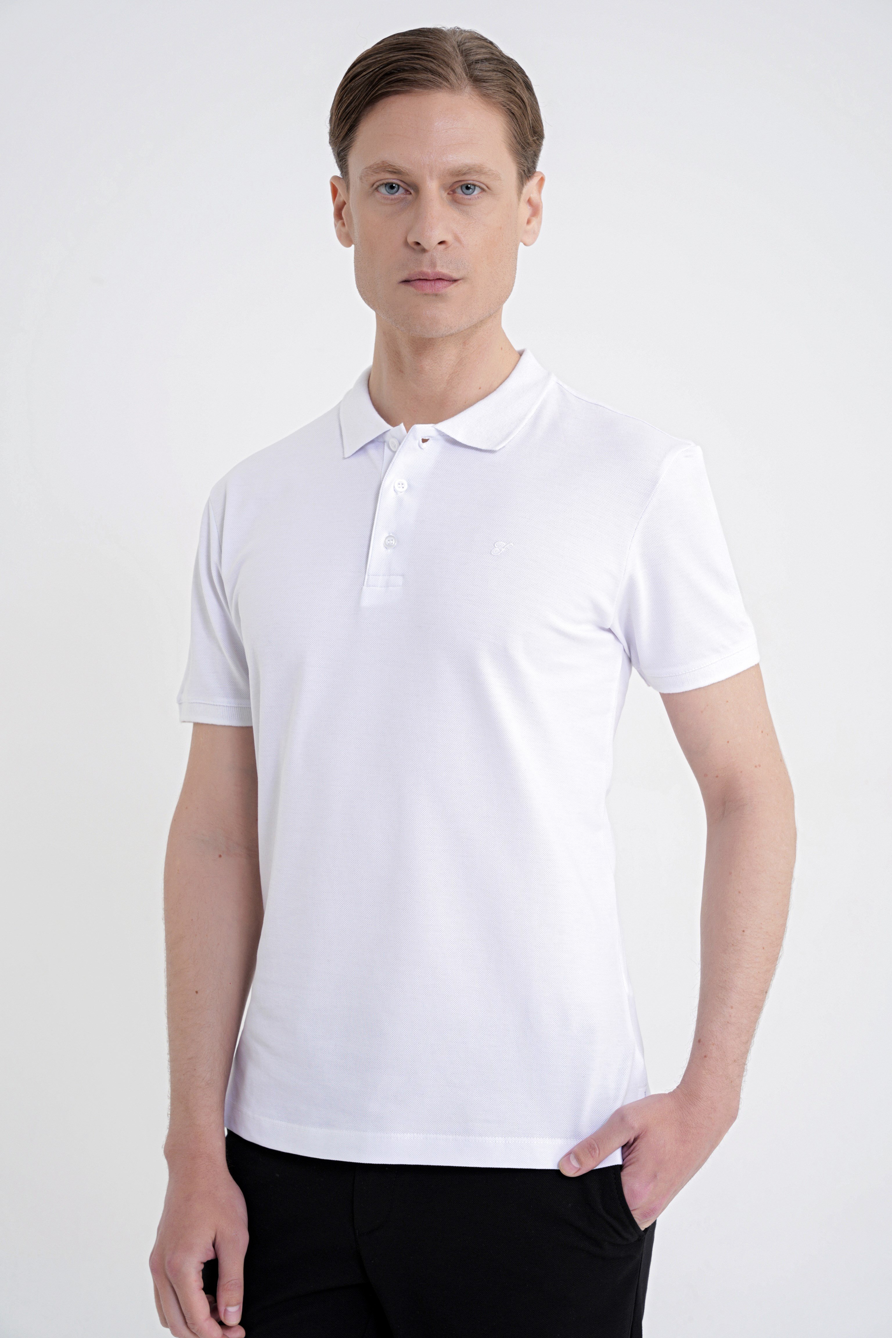Comfort Fit Kolu Ribanalı %100 Pamuk Düğmeli Beyaz Polo Yaka Tişört TS 922