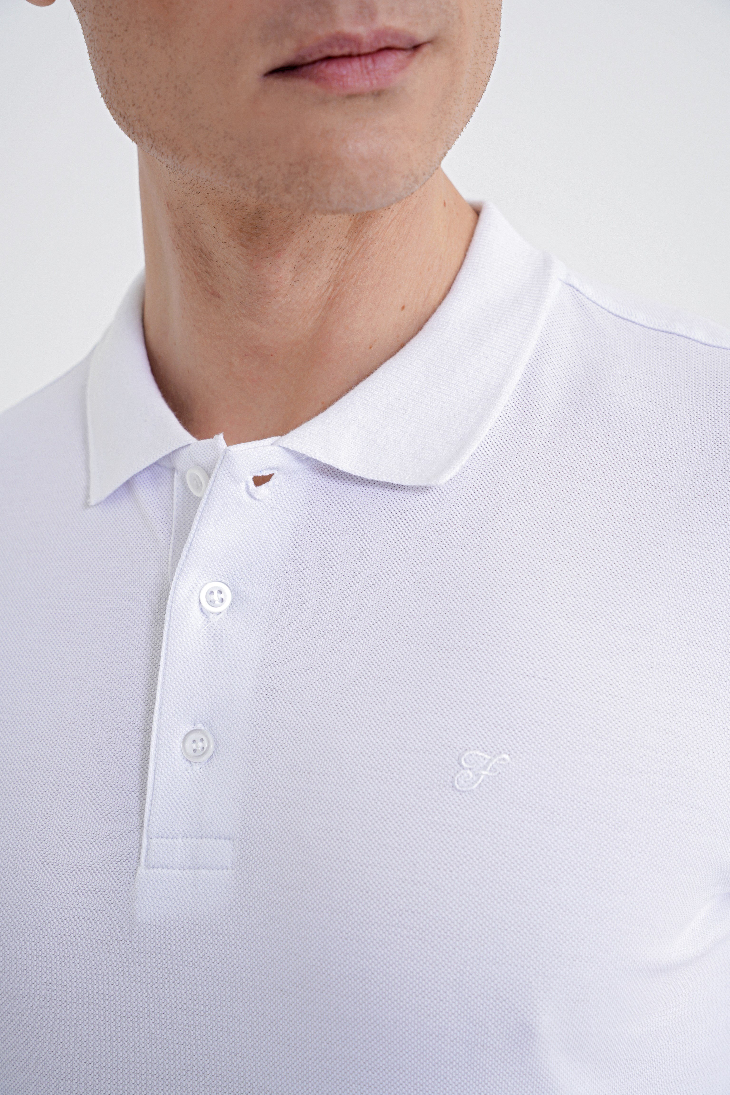 Comfort Fit Kolu Ribanalı %100 Pamuk Düğmeli Beyaz Polo Yaka Tişört TS 922