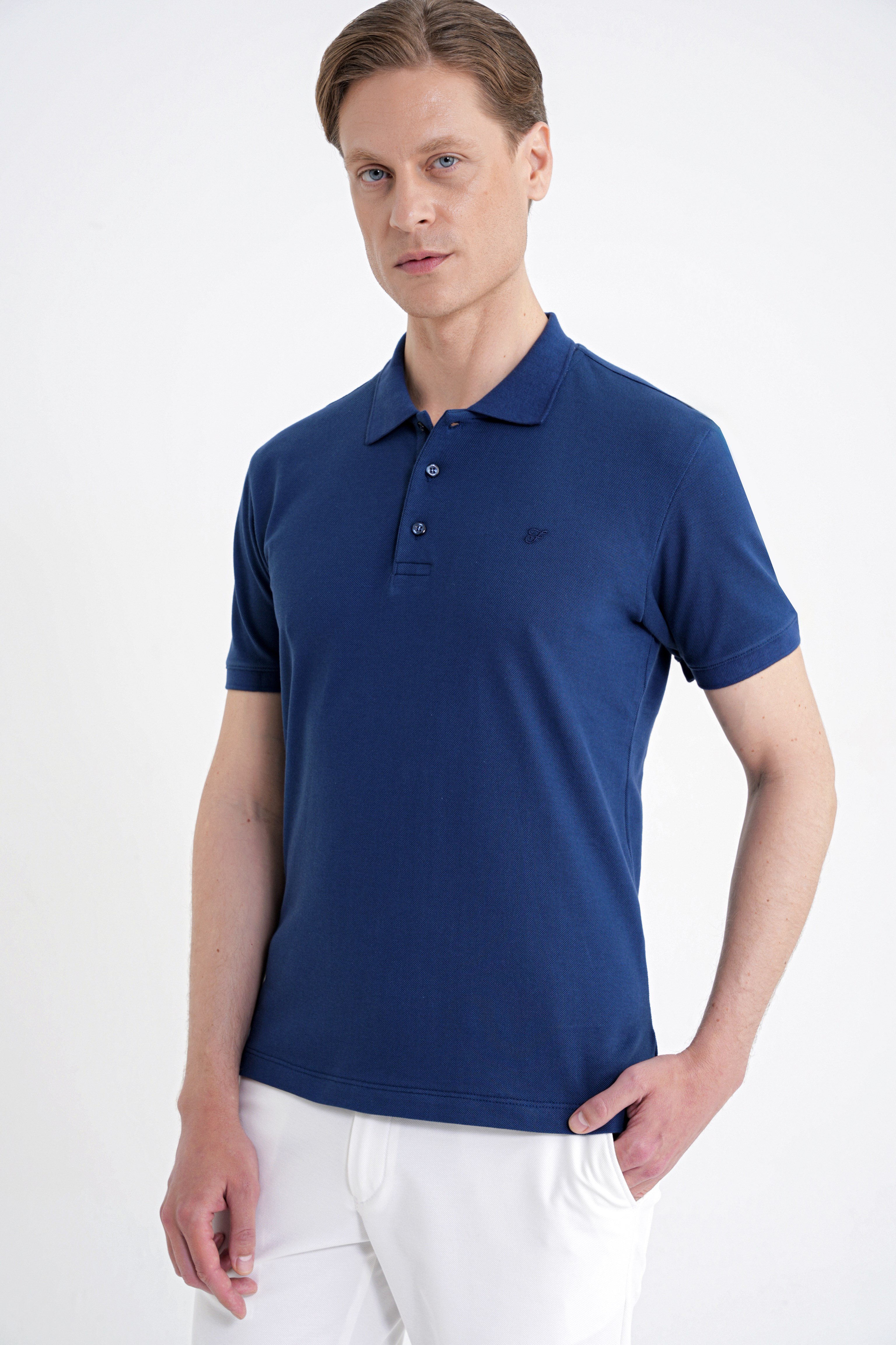 Comfort Fit Kolu Ribanalı %100 Pamuk Düğmeli Lacivert Polo Yaka Tişört TS 922