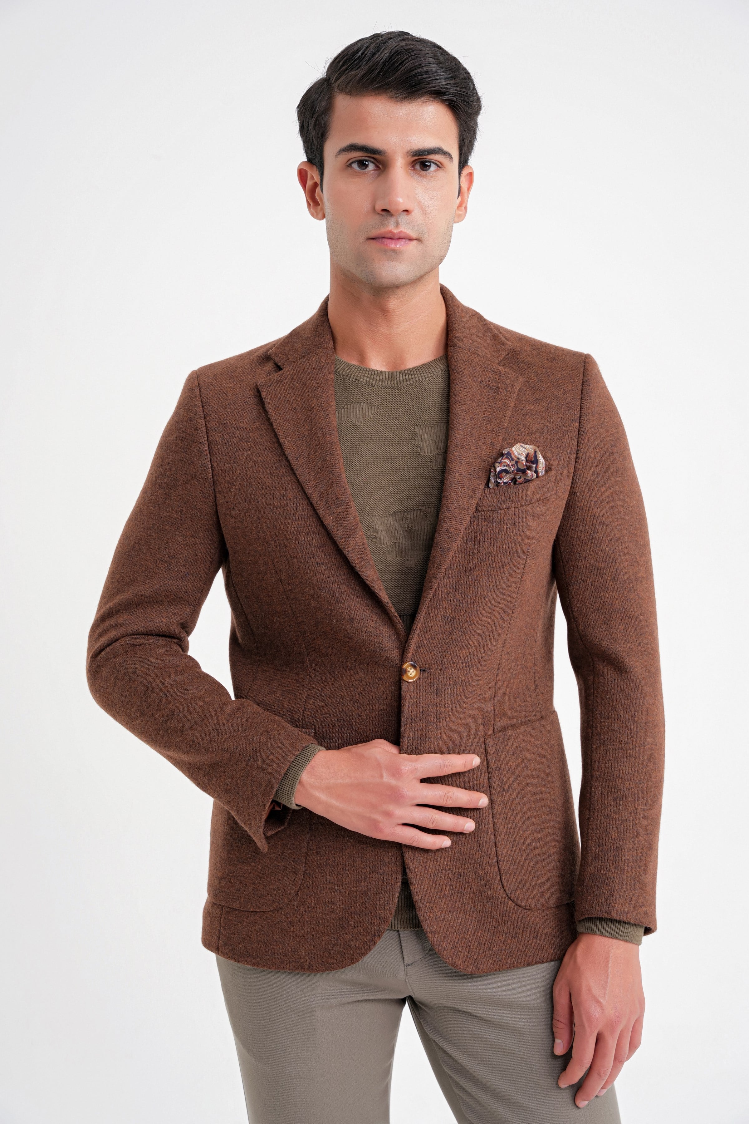 Comfort Fit Mono Yaka %100 Yün Tütün Ceket C 717