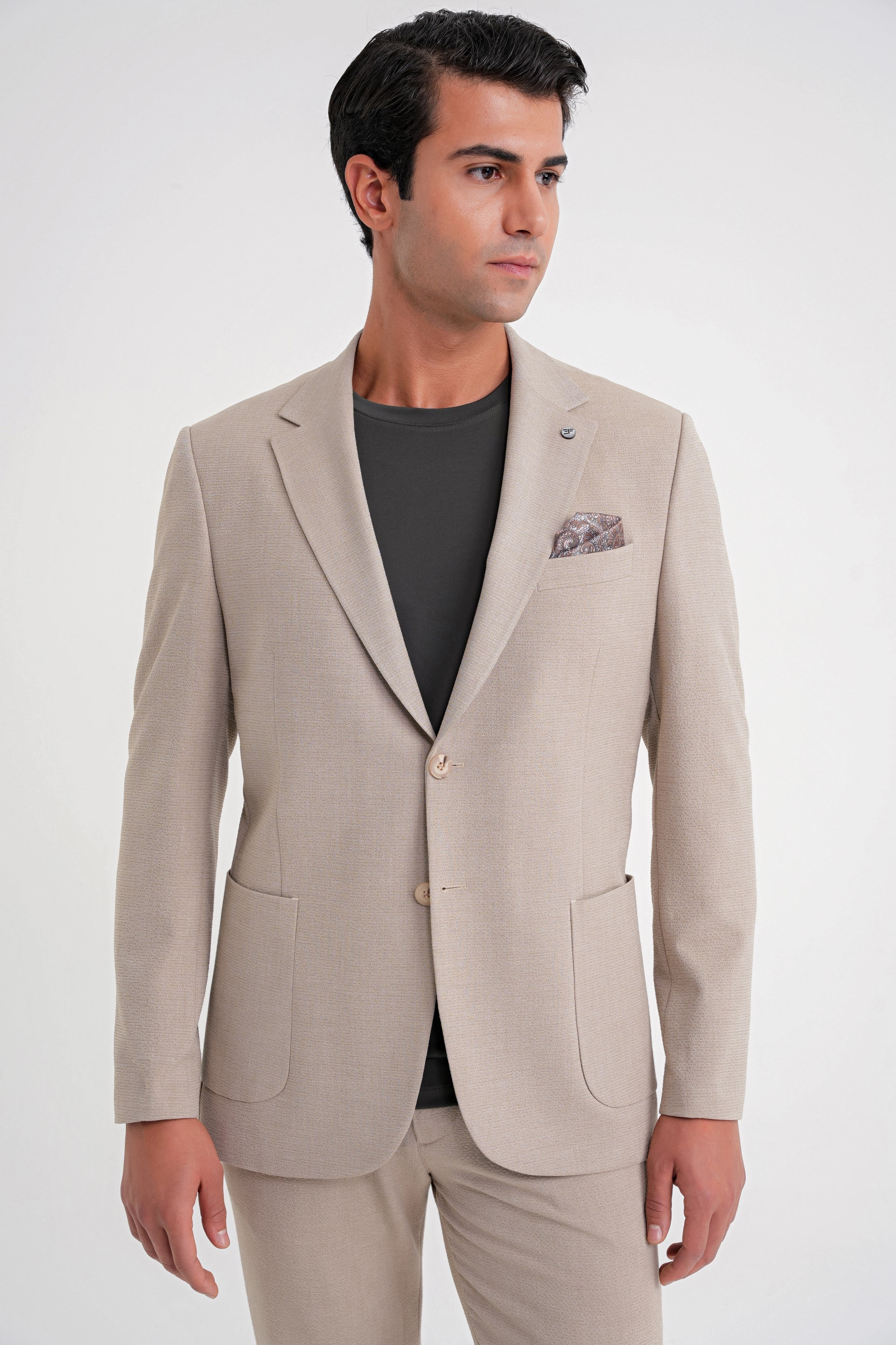 Comfort Fit Mono Yaka Çift Yırtmaç Torba Cep Bej-1 Blazer Ceket C 698