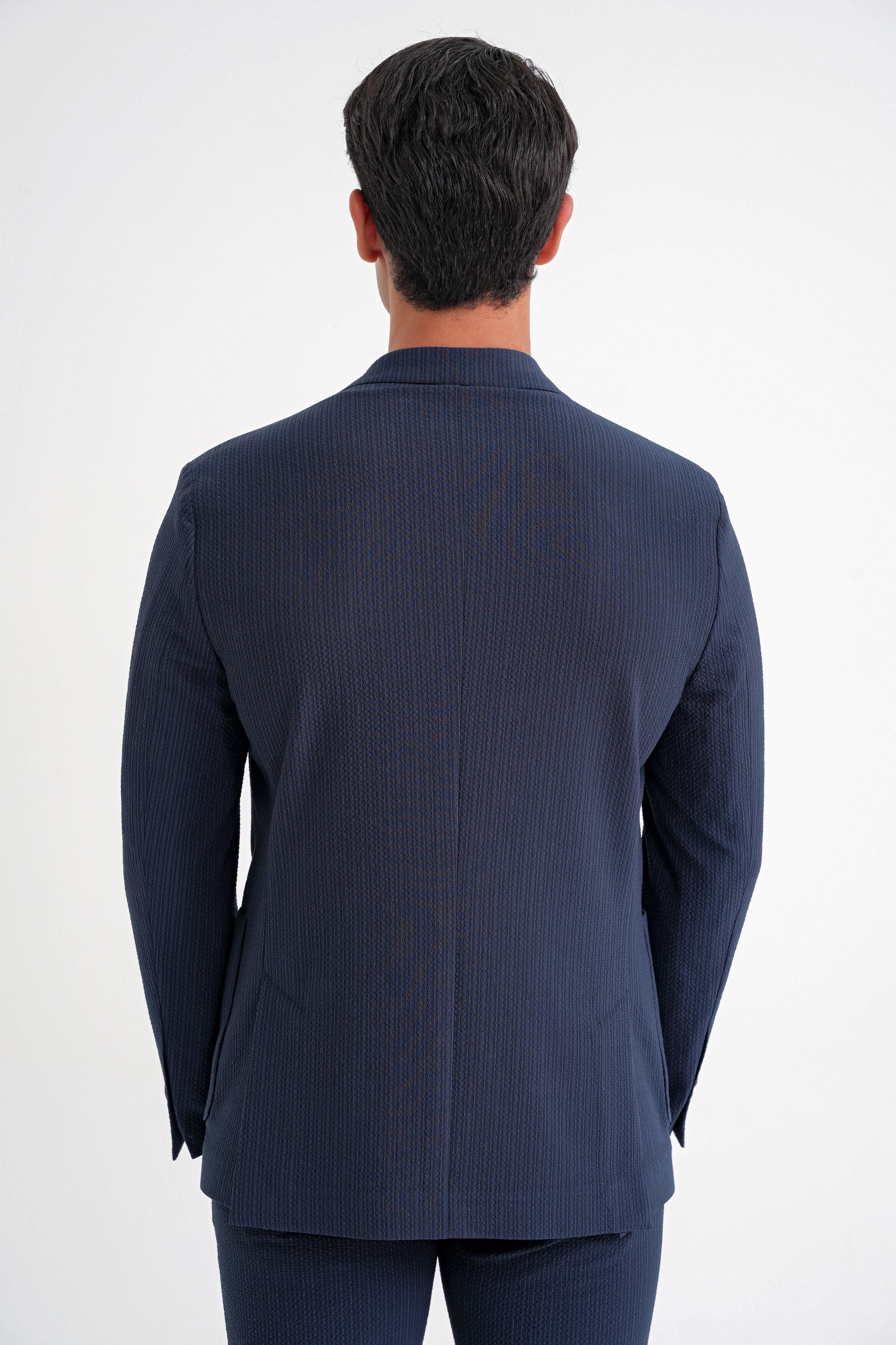 Comfort Fit Mono Yaka Çift Yırtmaç Torba Cep Gofre Kumaş Çizgili Koyu Lacivert Ceket C 703
