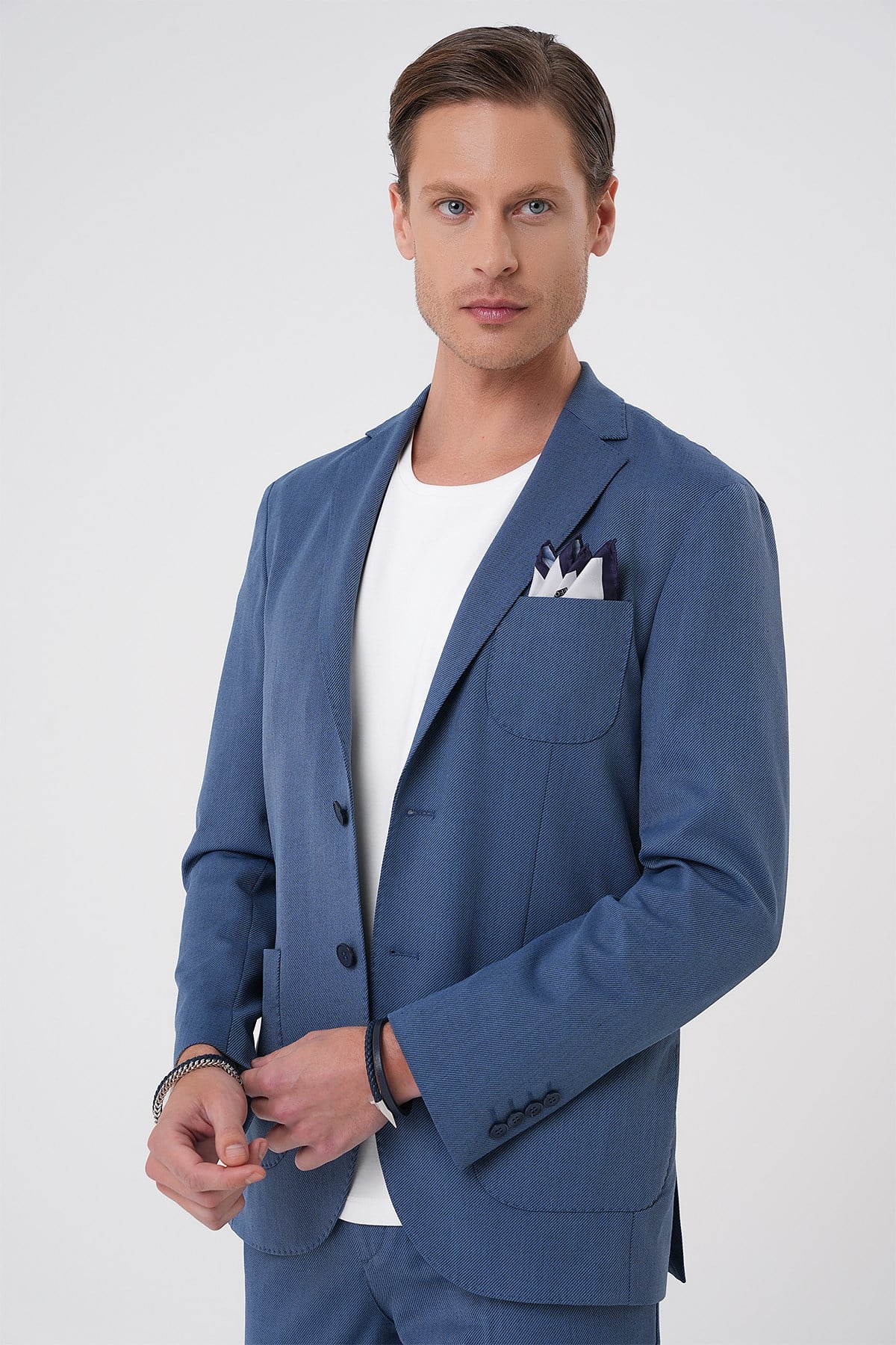 Comfort Fit Mono Yaka Çift Yırtmaç Torba Cep Doku Desenli İndigo Blazer Ceket C 706
