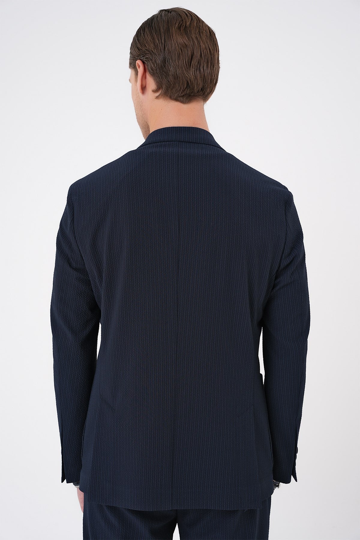 Comfort Fit Mono Yaka Çift Yırtmaç Torba Cep Gofre Kumaş Çizgili Lacivert Ceket C 703
