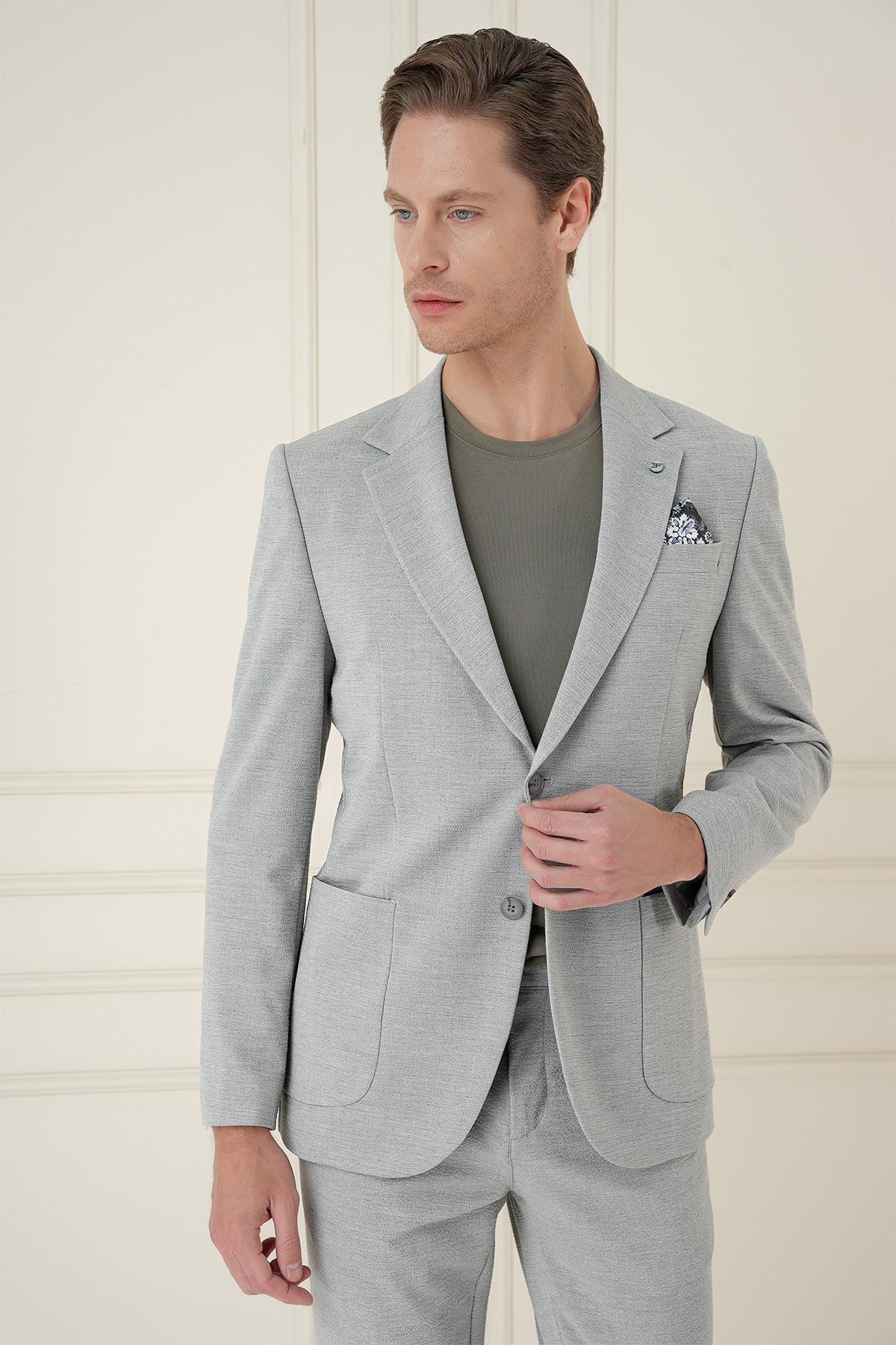 Comfort Fit Mono Yaka Çift Yırtmaç Torba Cep Gri Blazer Ceket C 698