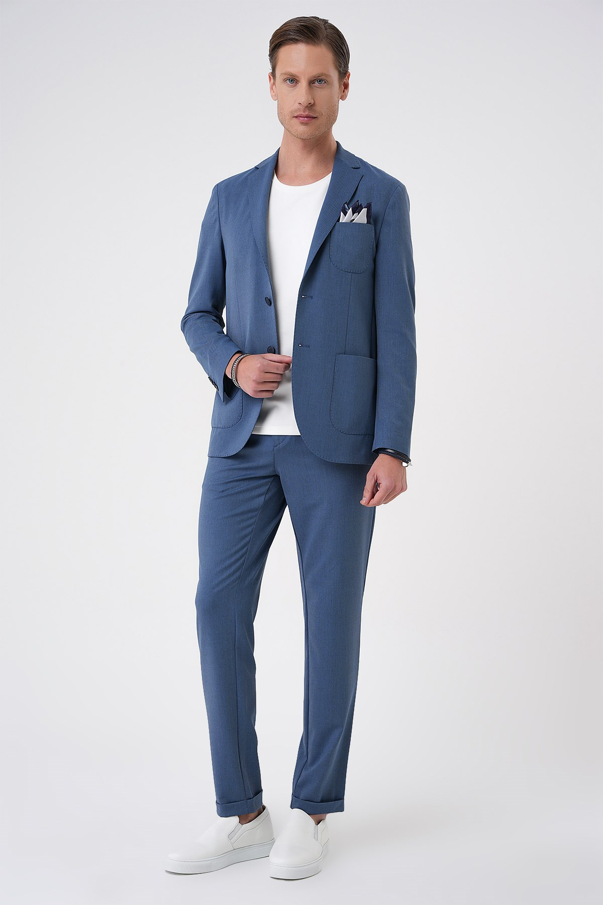 Comfort Fit Mono Yaka Çift Yırtmaç Torba Cep Doku Desenli İndigo Blazer Ceket C 706