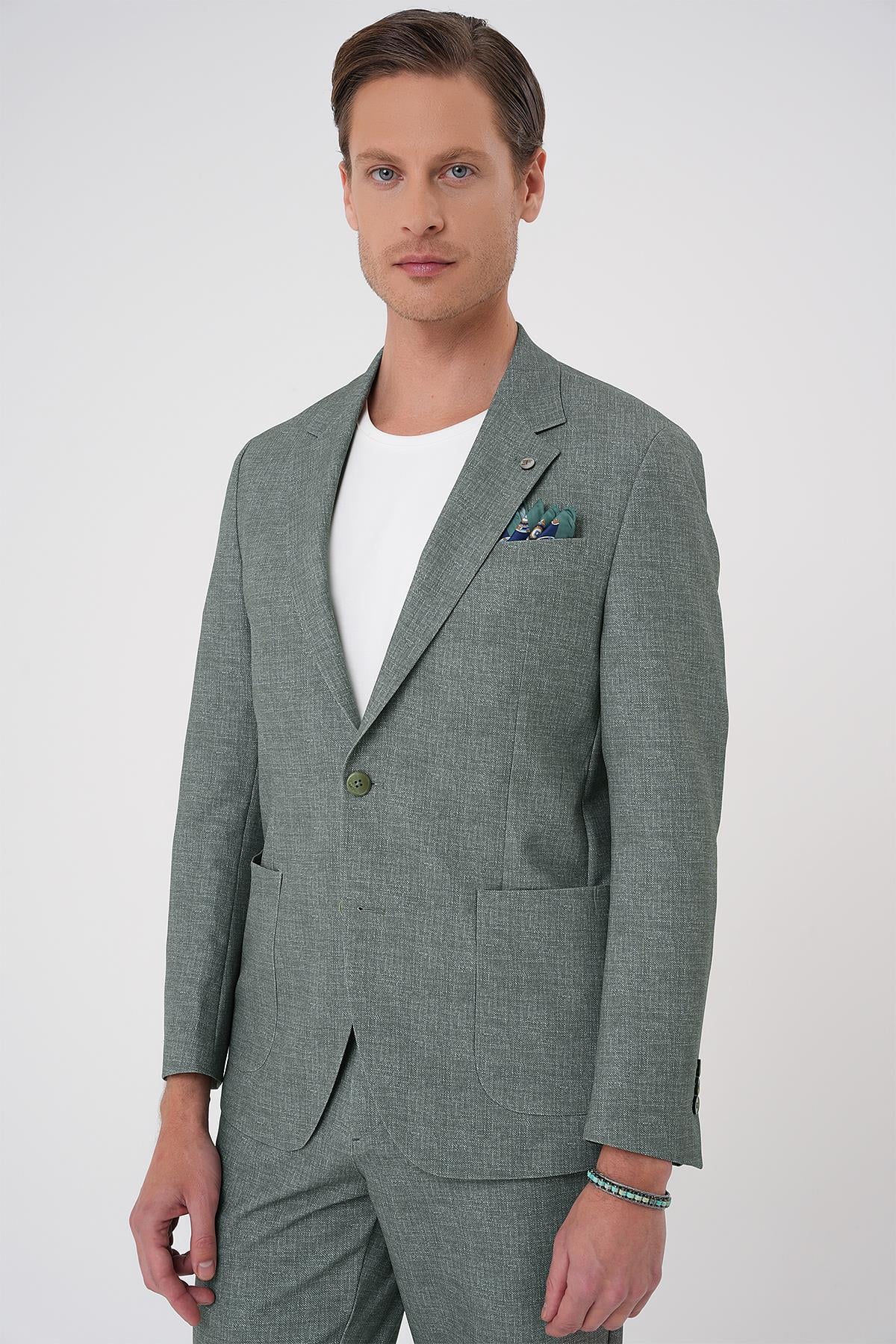 Comfort Fit Mono Yaka Çift Yırtmaç Torba Cep Casual Yeşil Ceket C 701