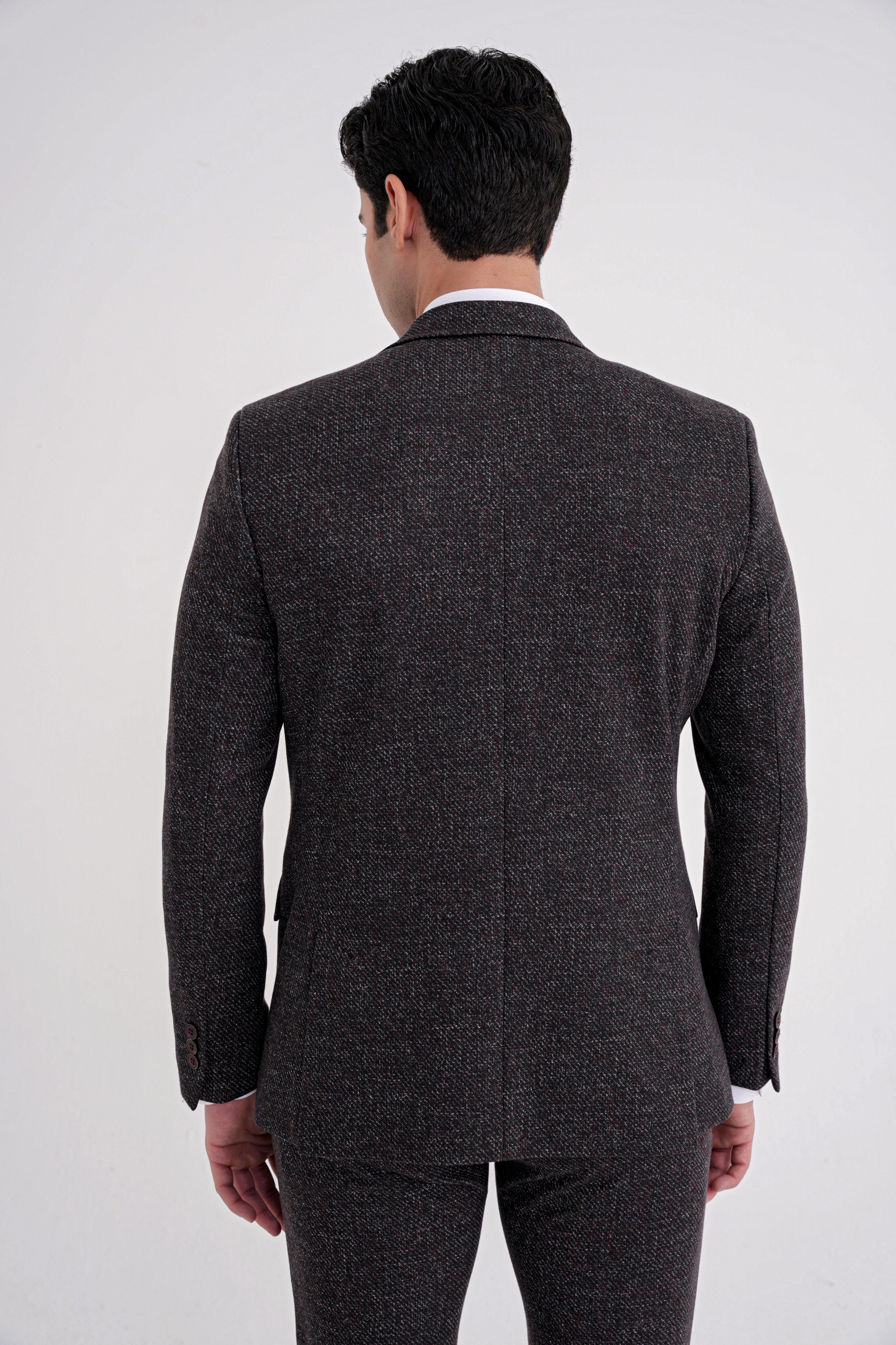 Comfort Fit Mono Yaka Kırçıllı Dokuma Armürlü Siyah Ceket C 728