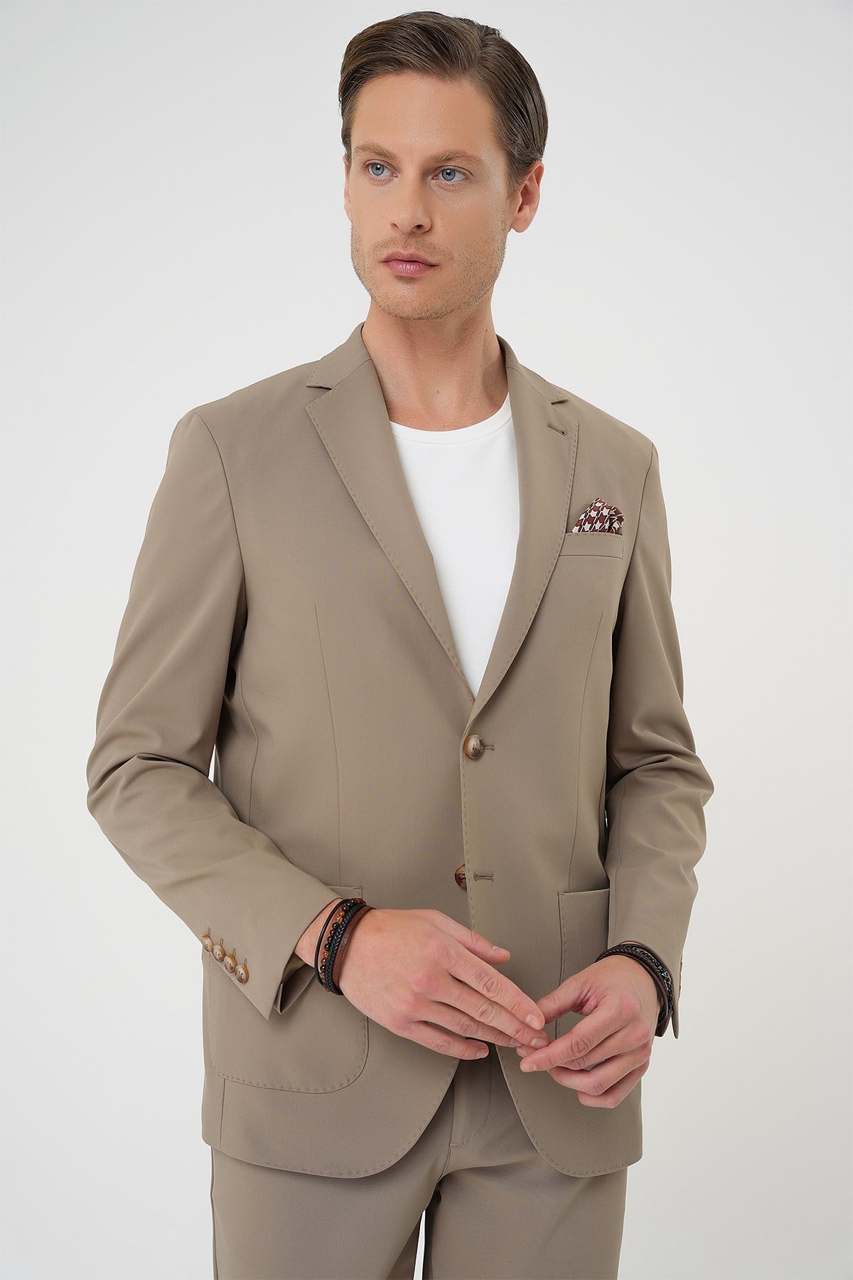 Comfort Fit Mono Yaka Torba Cep Esnek Pamuklu Bej Ceket C 707