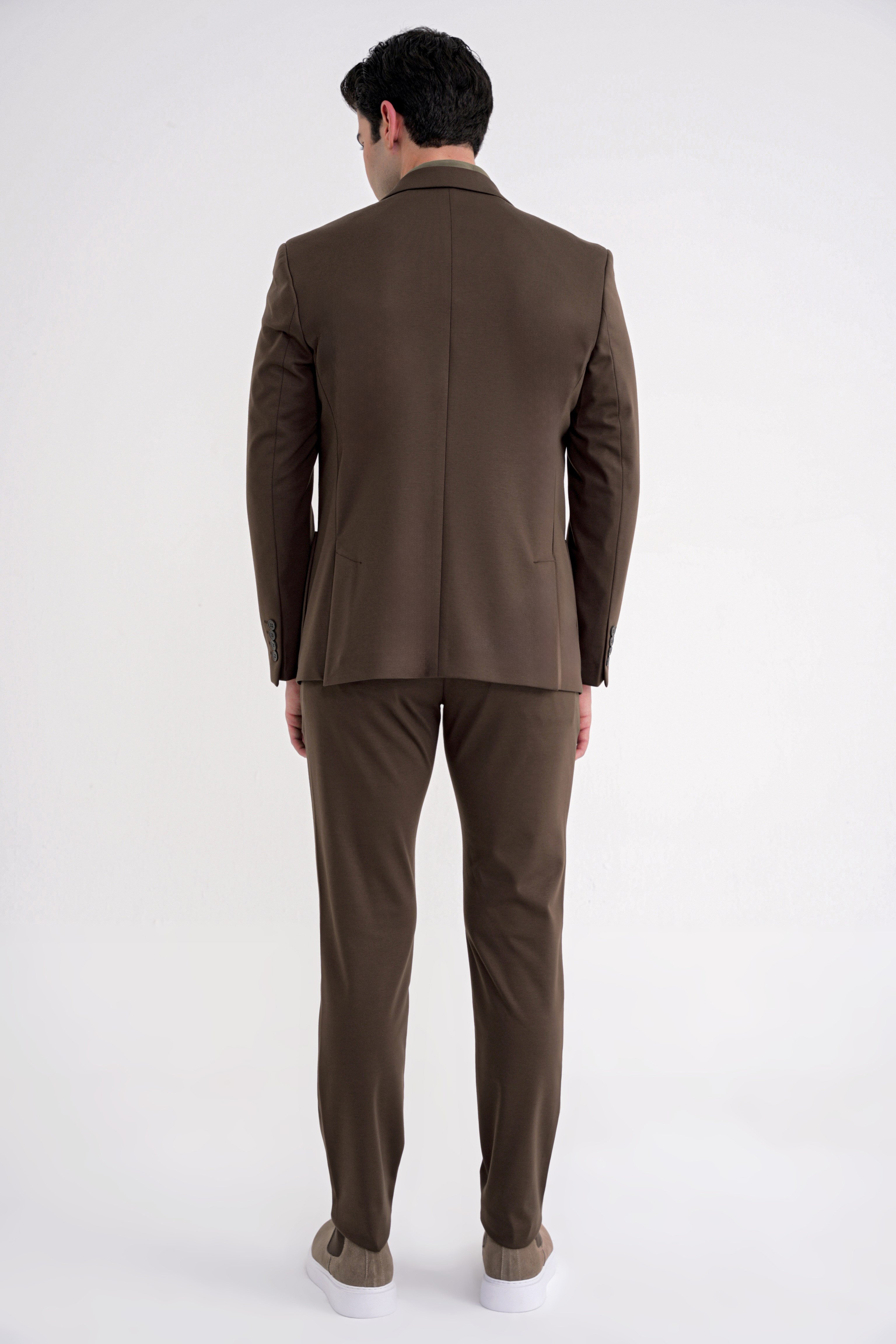 Comfort Fit Mono Yaka Torba Cep Esnek Yünlü Kahverengi Spor Takım Elbise TK 931