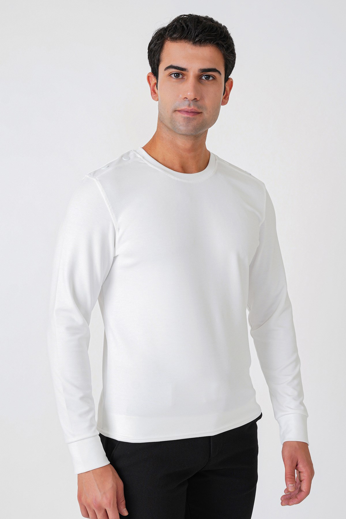 Comfort Fit Omuz Modelli Uzun Kollu Esnek Pamuk Ekru Tişört TS 933