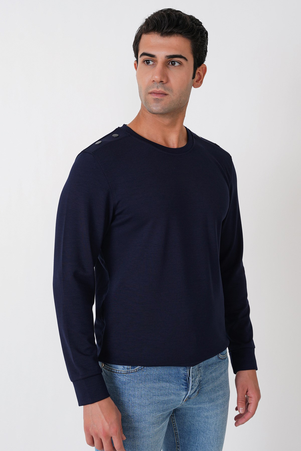 Comfort Fit Omuz Modelli Uzun Kollu Esnek Pamuk Lacivert Tişört TS 933