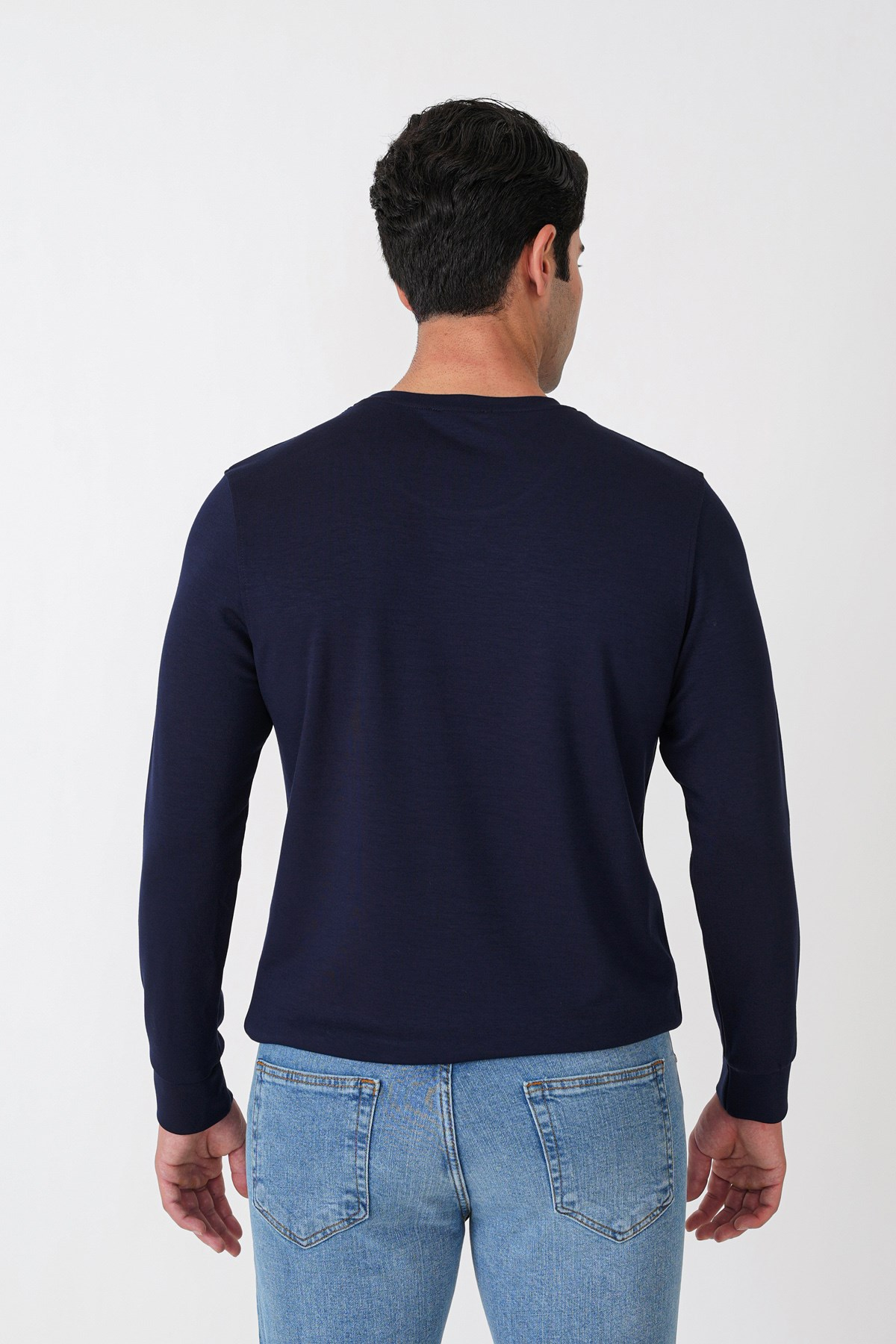 Comfort Fit Omuz Modelli Uzun Kollu Esnek Pamuk Lacivert Tişört TS 933