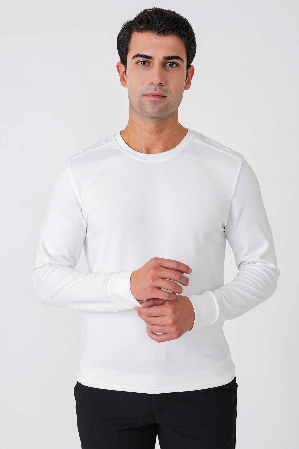 Comfort Fit Omuz Modelli Uzun Kollu Esnek Pamuk Ekru Tişört TS 933