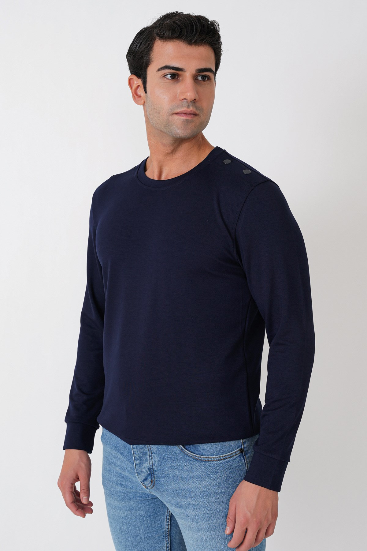 Comfort Fit Omuz Modelli Uzun Kollu Esnek Pamuk Lacivert Tişört TS 933