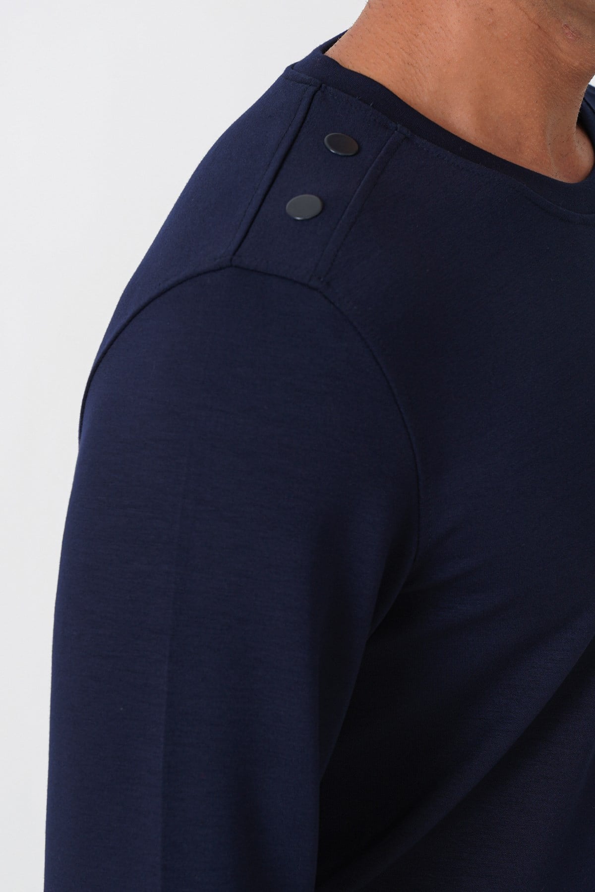 Comfort Fit Omuz Modelli Uzun Kollu Esnek Pamuk Lacivert Tişört TS 933