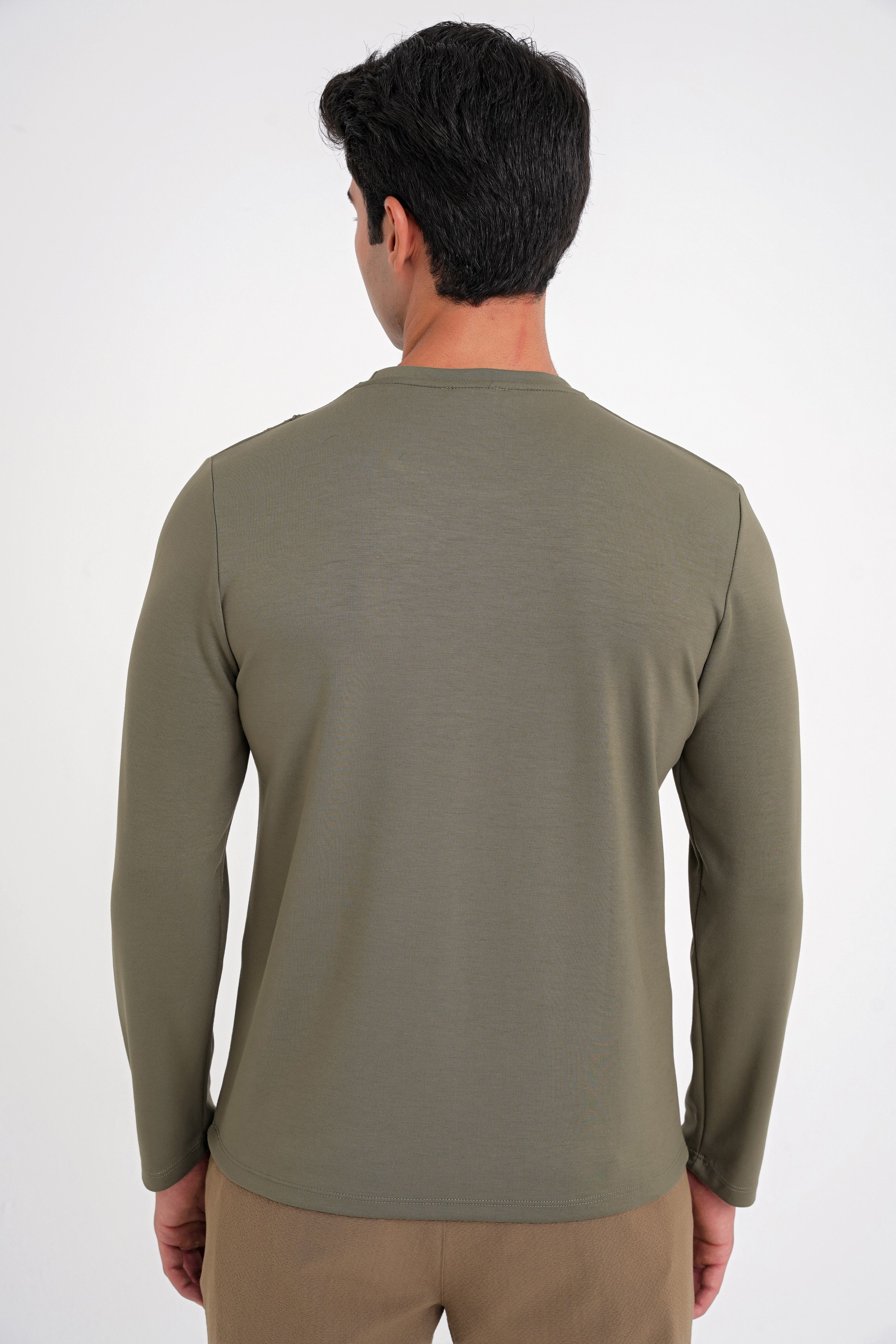 Comfort Fit Önü Nakışlı Pamuklu Bisiklet Yaka Uzun Kollu Haki Tişört TS 920