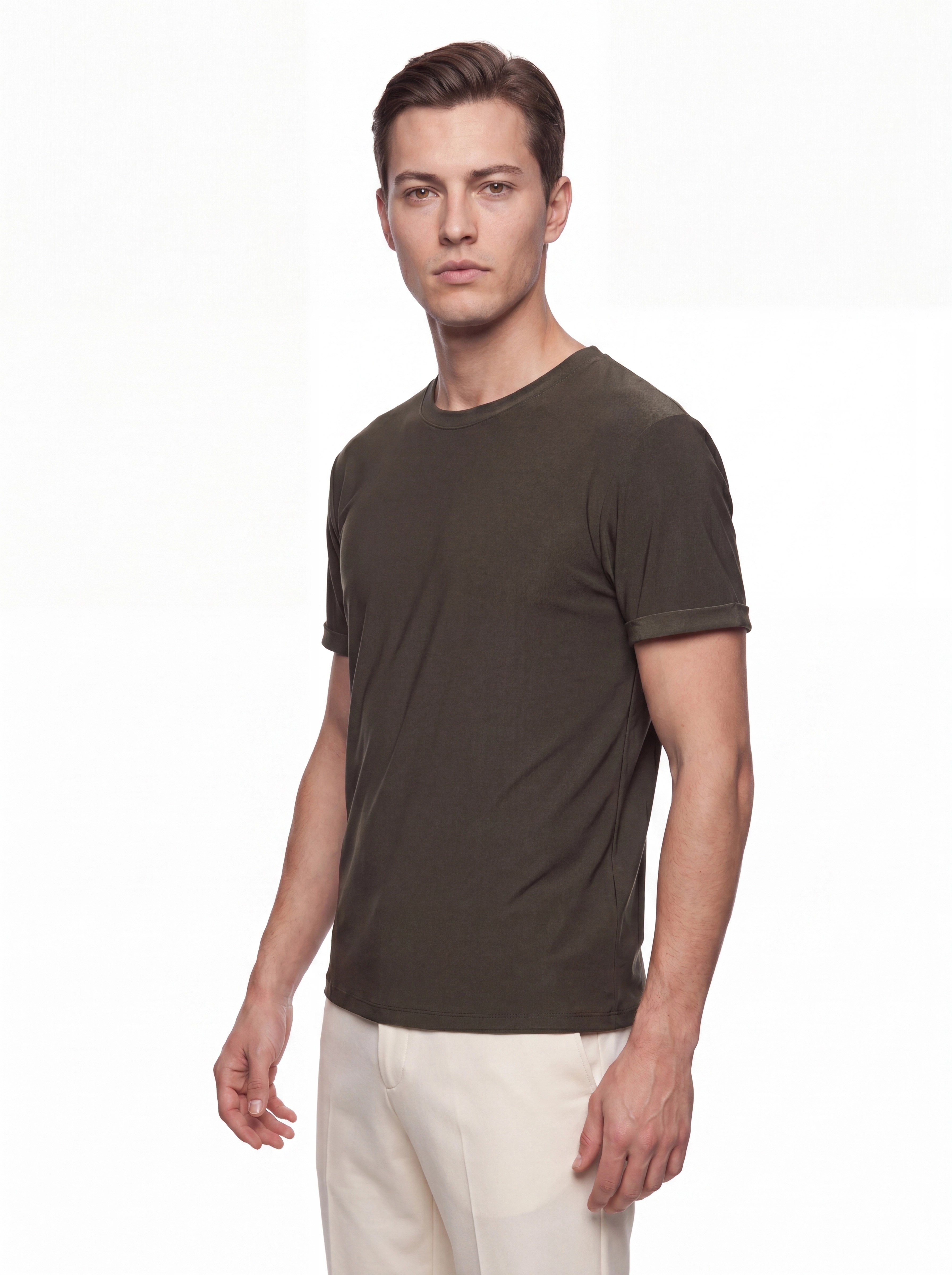 Comfort Fit Pamuklu Bisiklet Yaka Haki Tişört TS 929