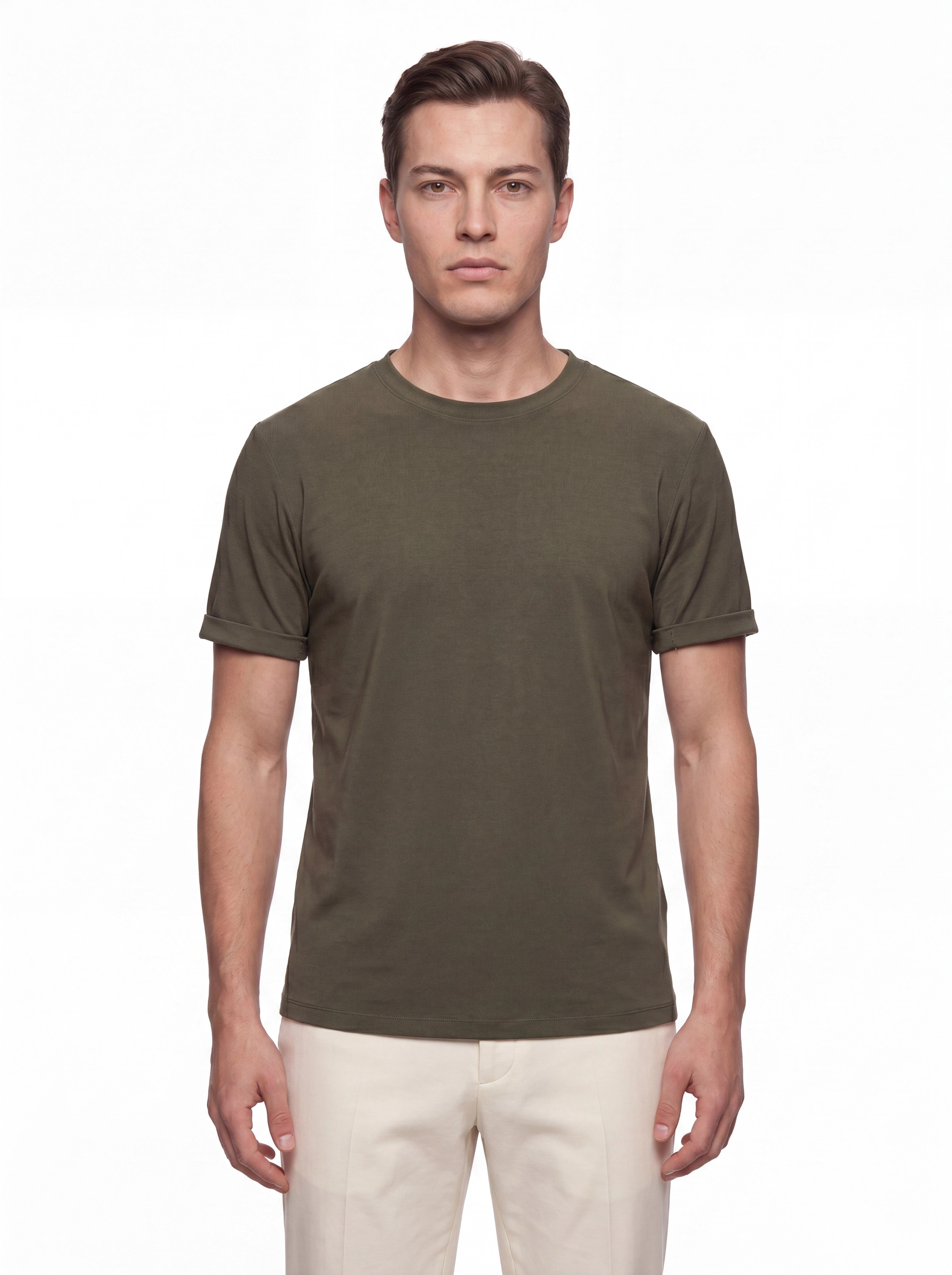 Comfort Fit Pamuklu Bisiklet Yaka Haki Tişört TS 929