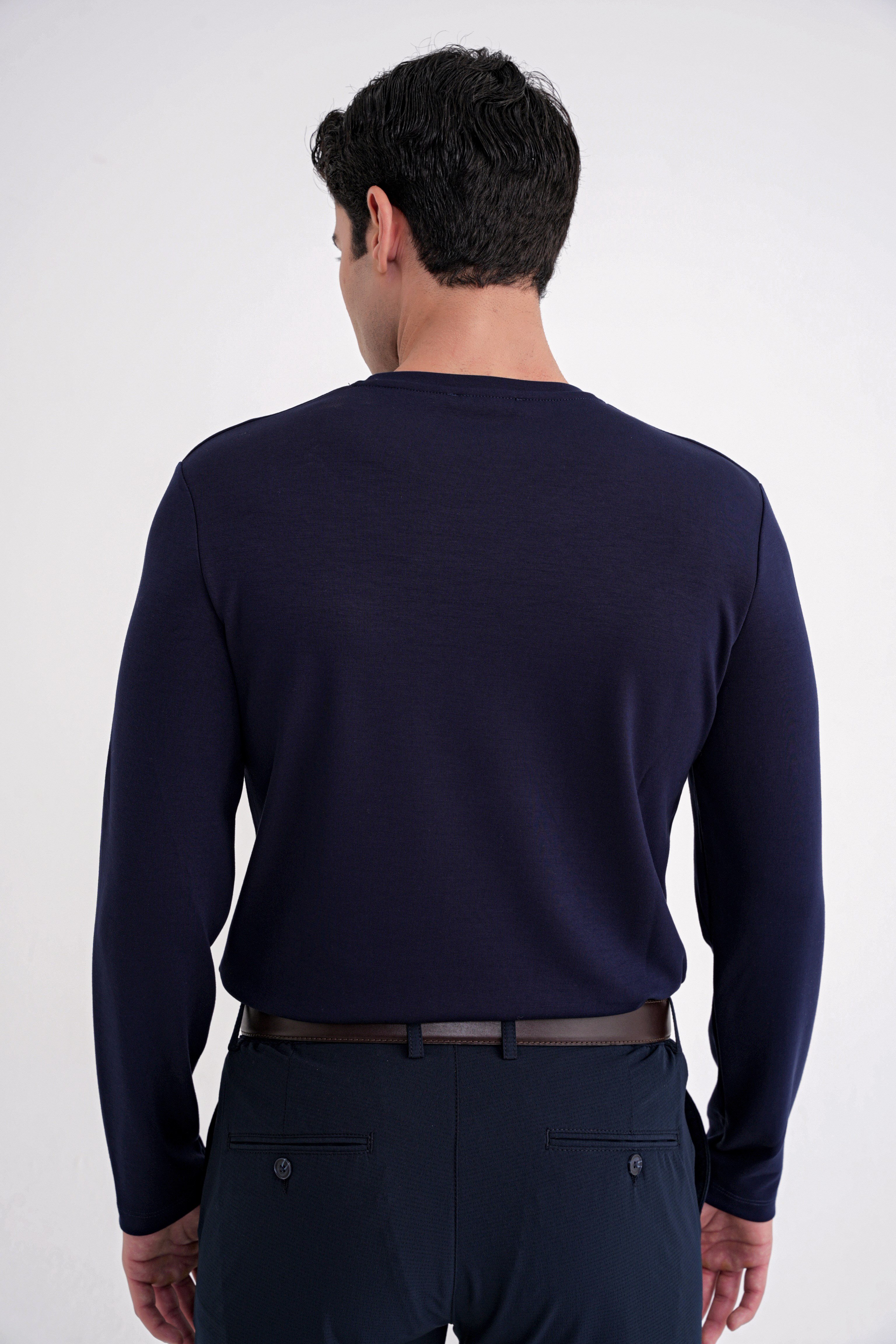 Comfort Fit Pamuklu Bisiklet Yaka Uzun Kollu Lacivert Tişört TS 892