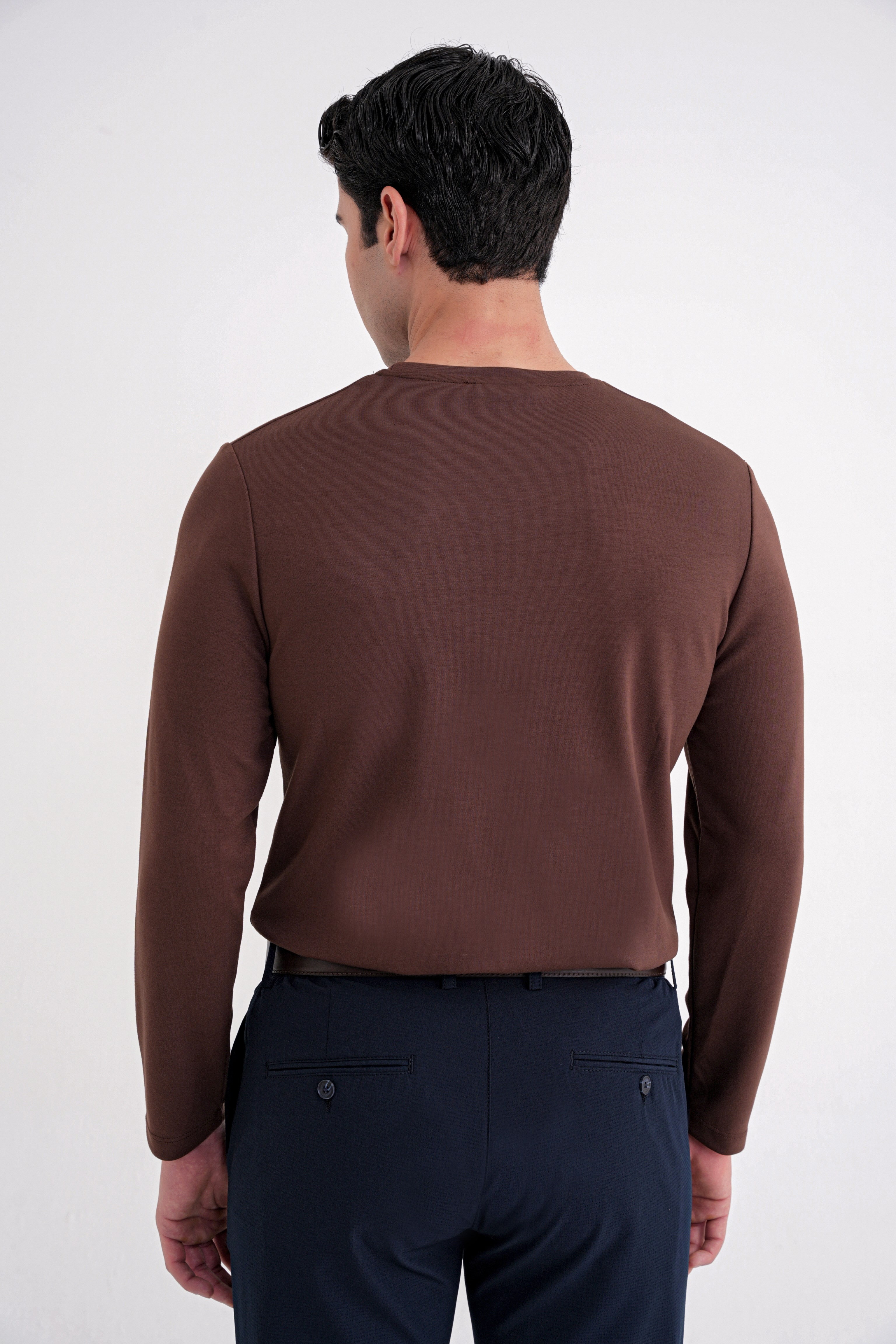 Comfort Fit Pamuklu Bisiklet Yaka Uzun Kollu Kakao Tişört TS 892
